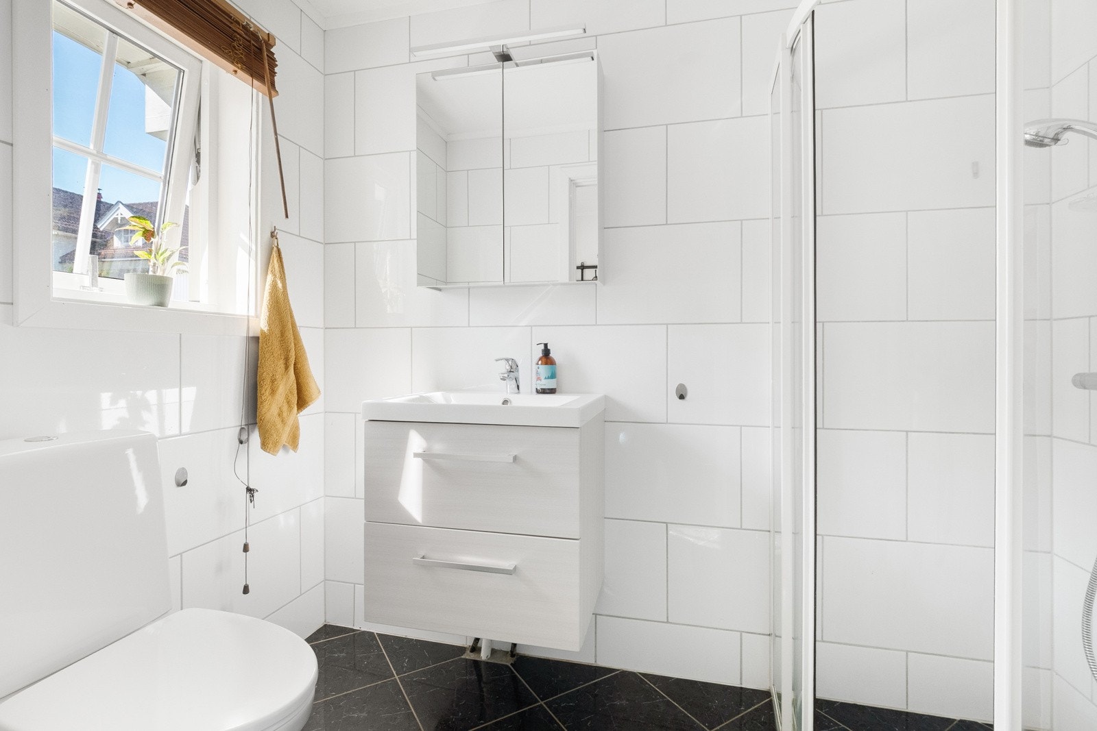 Bad på hovedplanet er innredet med servantinnredning, dusjhjørne og toalett. Galleribilde