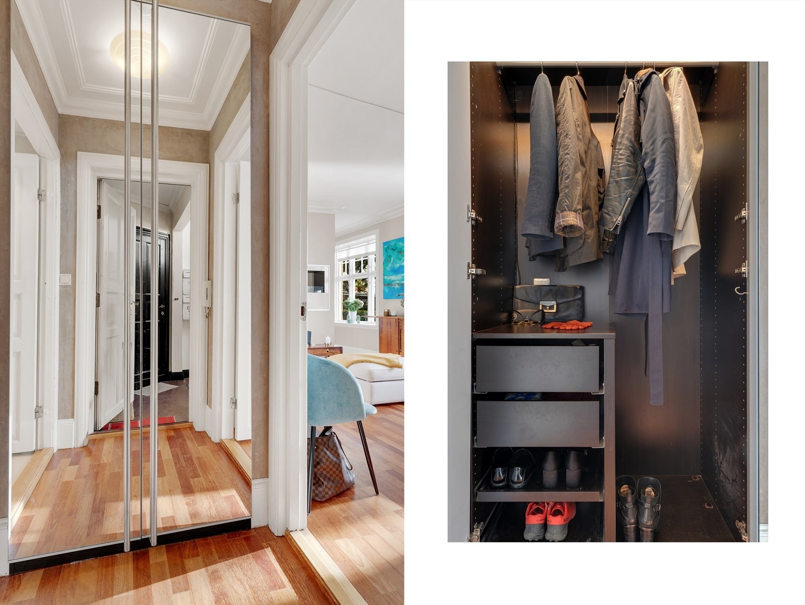 God oppbevarings - og lagringsplass i skyvedørs garderoben. Galleribilde