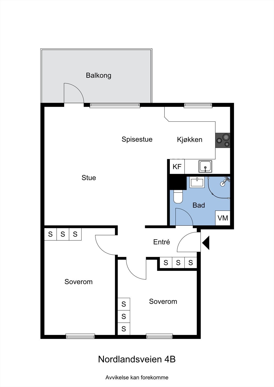 Her kan du se planløsningen i leiligheten. Merk at på det store soverommet er det pipe mellom soverom og stue. Galleribilde