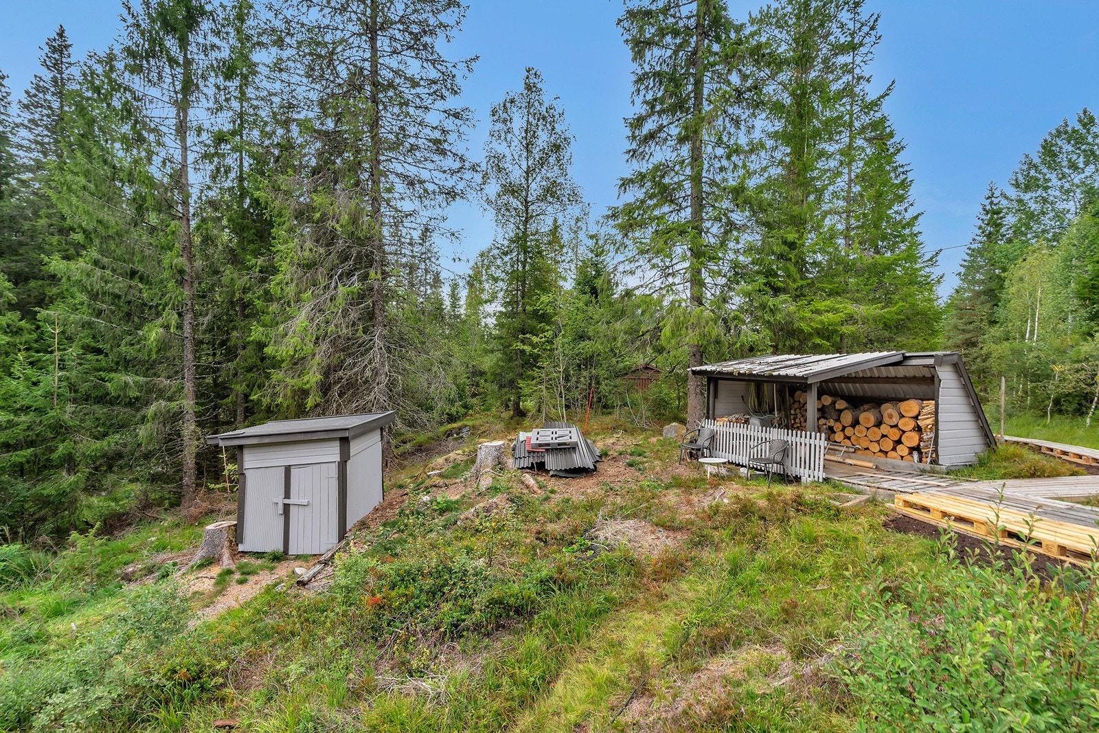 Eget uthus med utedo og gapahuk/vedbod. Galleribilde