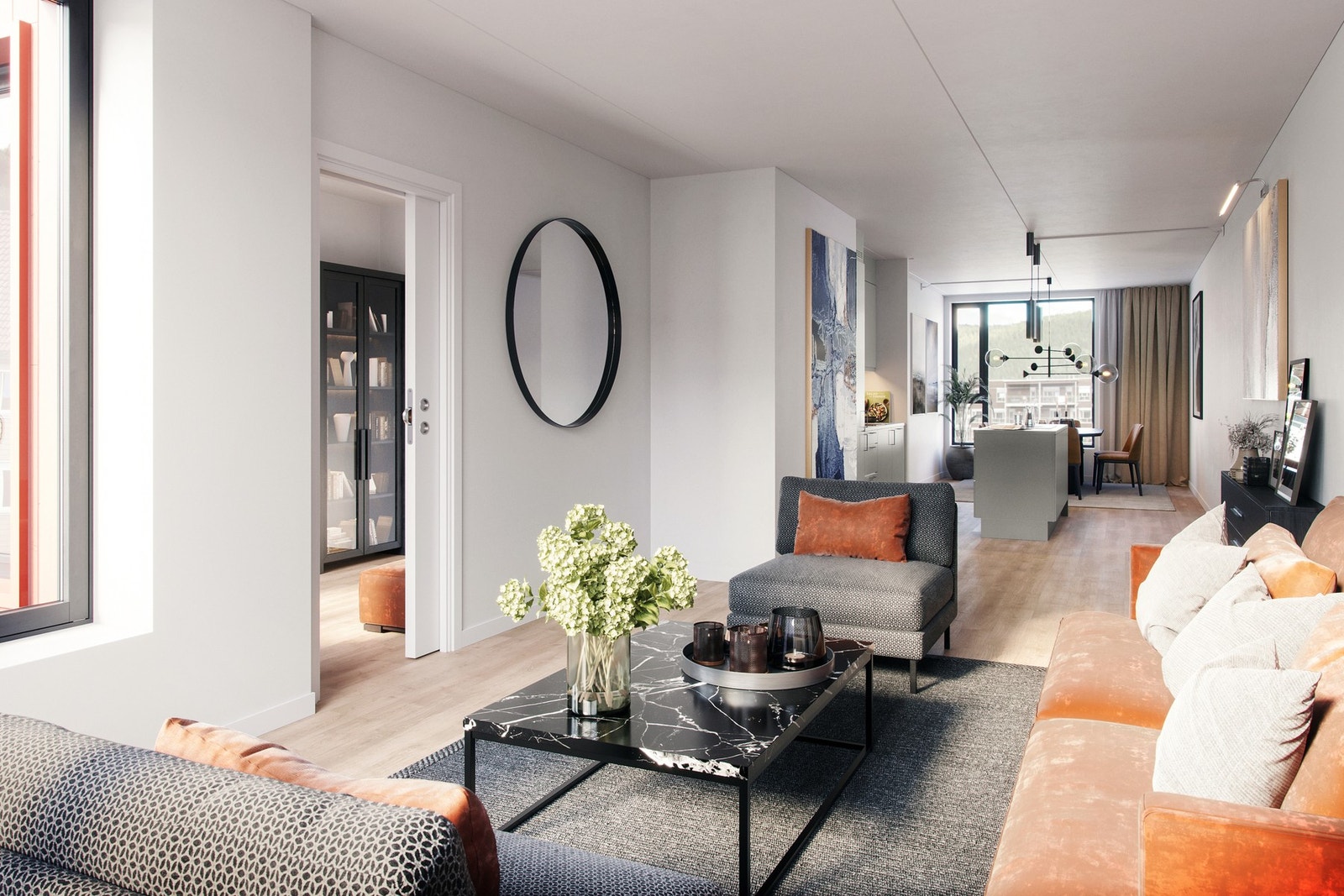 Kjøkkenet er levert fra Sigdal og holder høy kvalitet, med integrerte hvitevarer som gir et helhetlig og funksjonelt uttrykk. Bilde er ikke av aktuell leilighet. Galleribilde