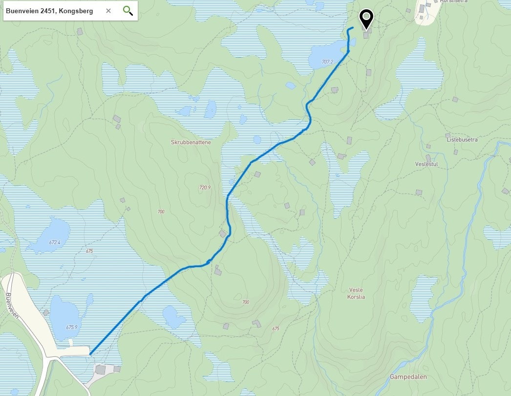 Kart som illustrerer stien fra varmestua på Ble-Høgda og videre frem til eiendommen - ca 1 km (ca 11 min rolig gange) Galleribilde