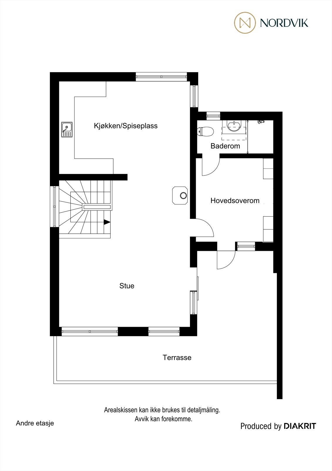2. etasje inneholder romslig trapperom, hovedsoverom med tilhørende bad, romslig kjøkken med spiseplass og stue med utgang til den flotte terrassen. Galleribilde