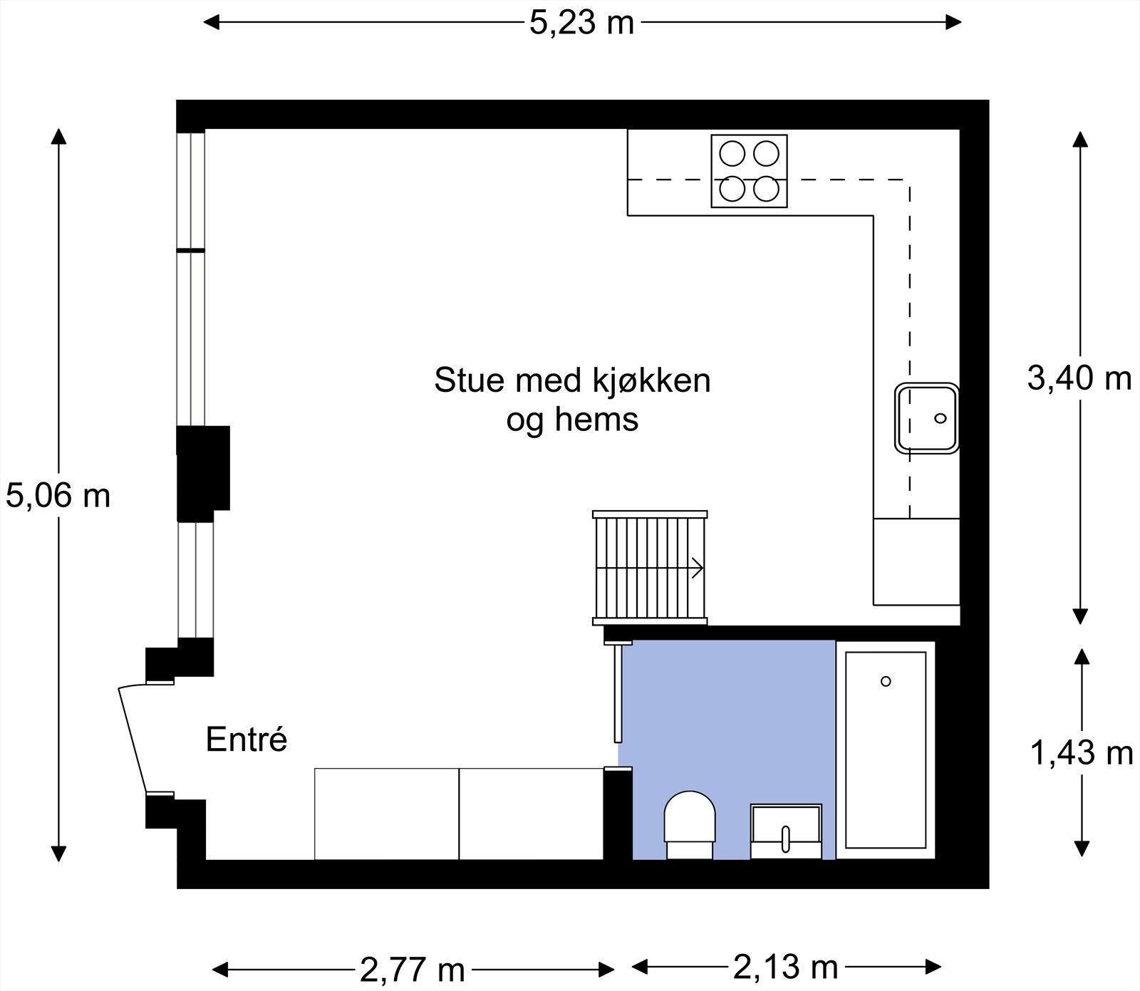 Plantegning fra takstmann. Leiligheten har en godt utnyttet planløsning med stue, kjøkken, hems og bad. Tilgang på kjellerbod for lagring. Galleribilde