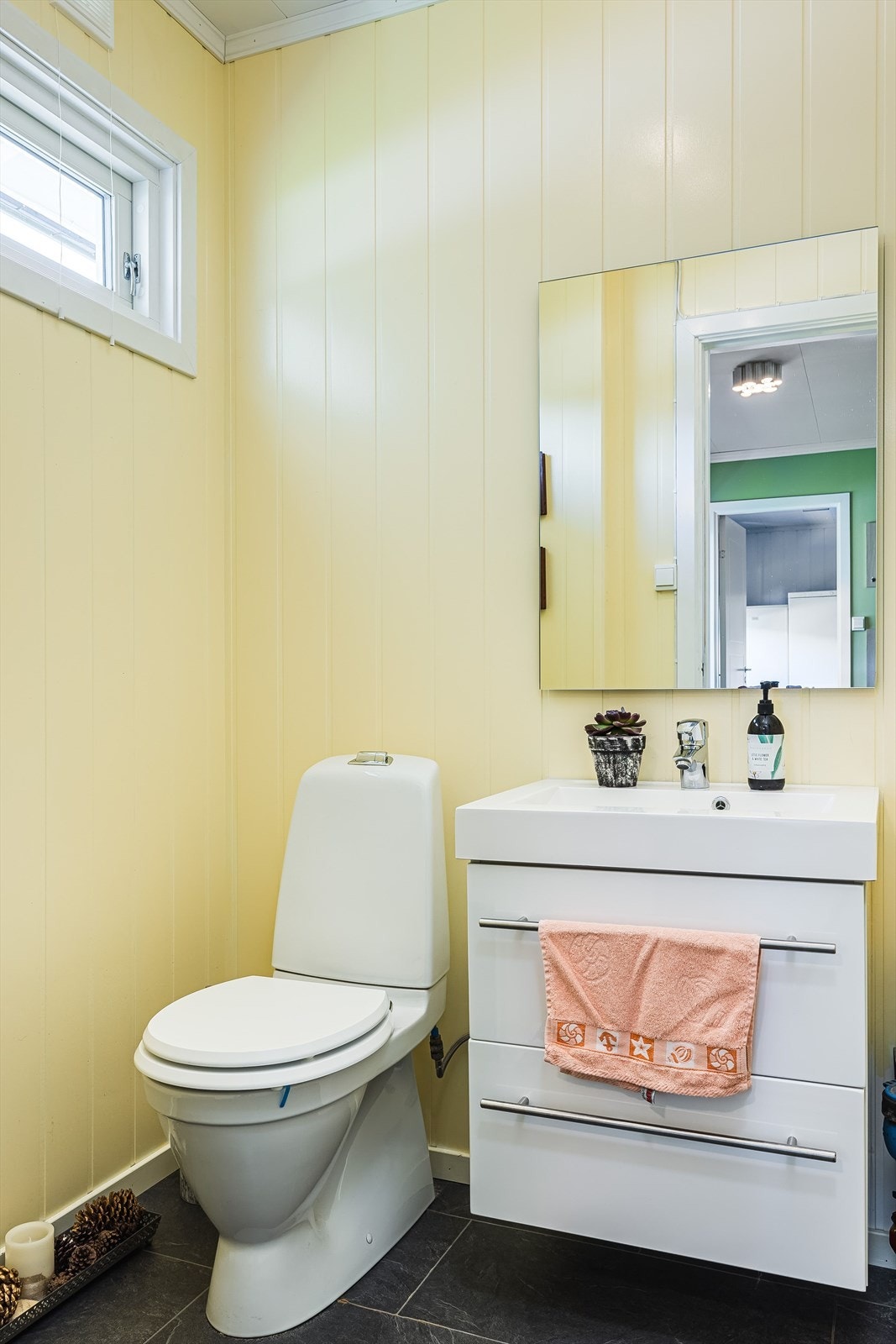 Separat toalettrom fra 2014 med toalett, servant på innredning og speil. Galleribilde