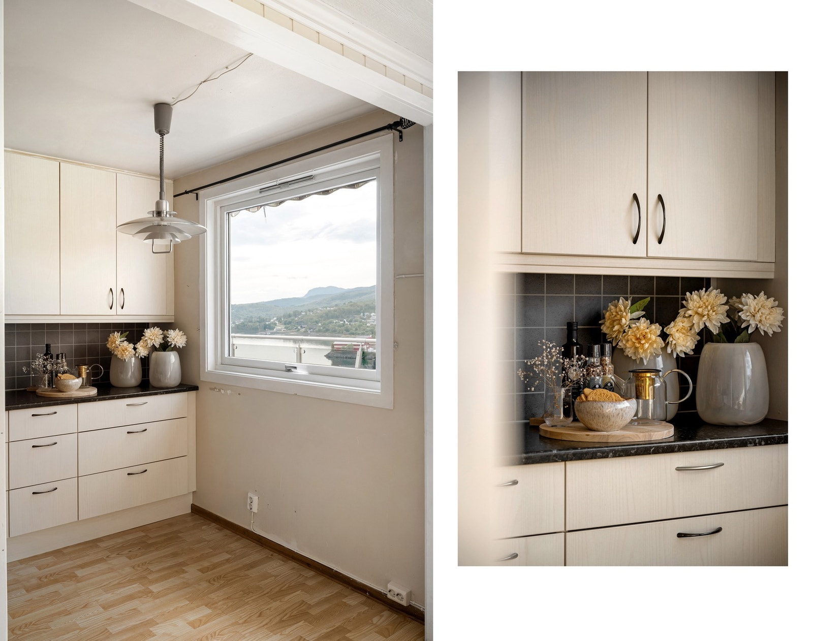 Kjøkken med lyse, slette fronter og laminert benkeplate Galleribilde