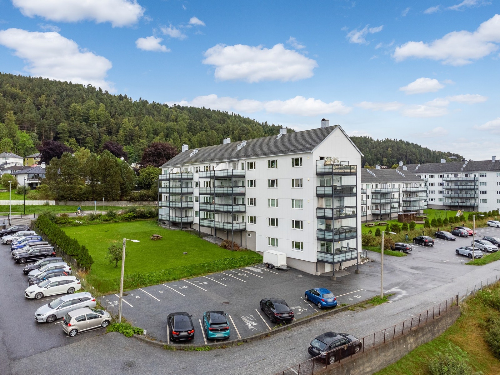 Pene fellesareal med plen, beplantning og lekestativ. Galleribilde