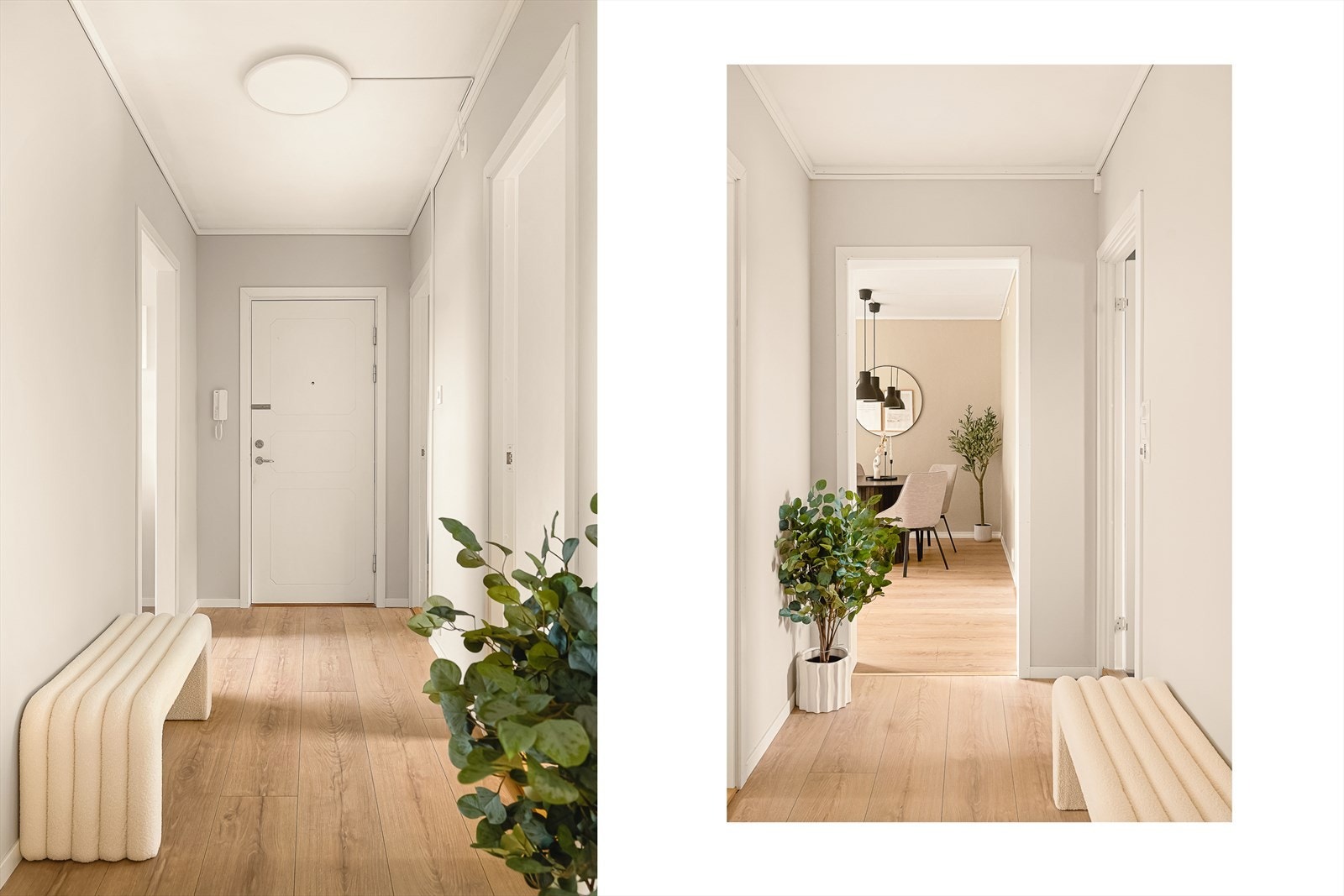 Leiligheten har en lys og innbydende gang. Galleribilde