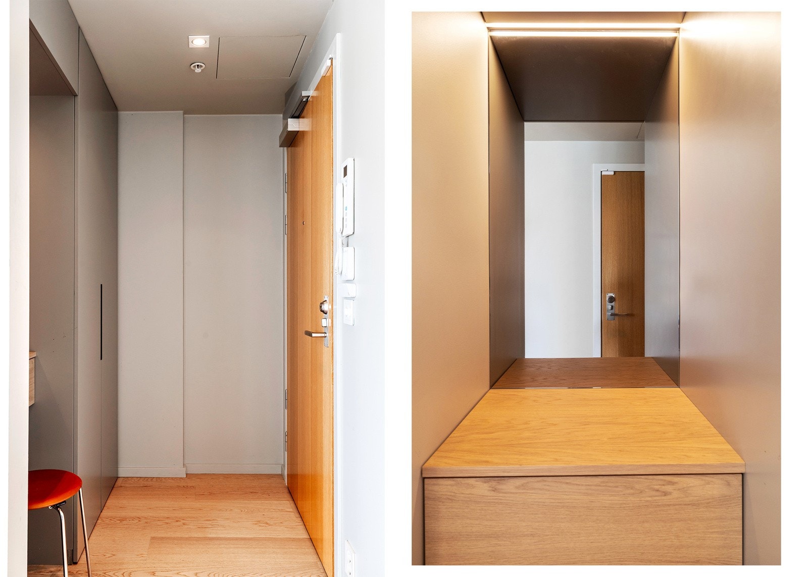 Entréen har flott 1-stavs eikeparkett på gulv, glatte, lysmalte overflater og downlights i himling. Ytterklær og sko kan henges av i en moderne garderobeinnredning fra møbelfabrikken Framnæs Interiør. Galleribilde