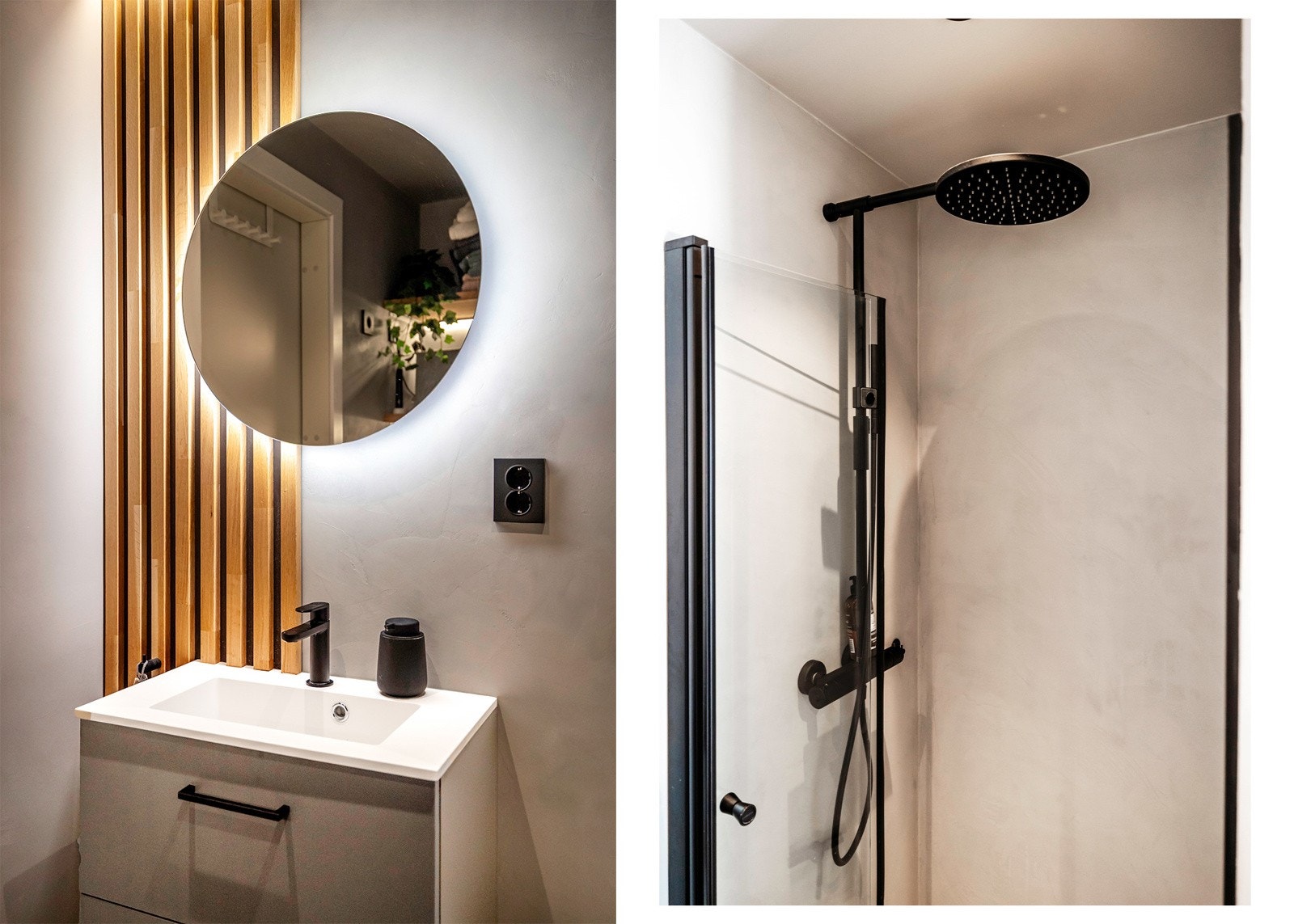 Badet har en fin størrelse og inkluderer vegghengt wc, dusjnisje med regnfallsdusj og glassdør, samt en moderne baderomsinnredning. Det er opplegg for vaskemaskin i en egen nisje, samt balansert ventilasjon, elektrisk gulvvarme og downlights. Galleribilde