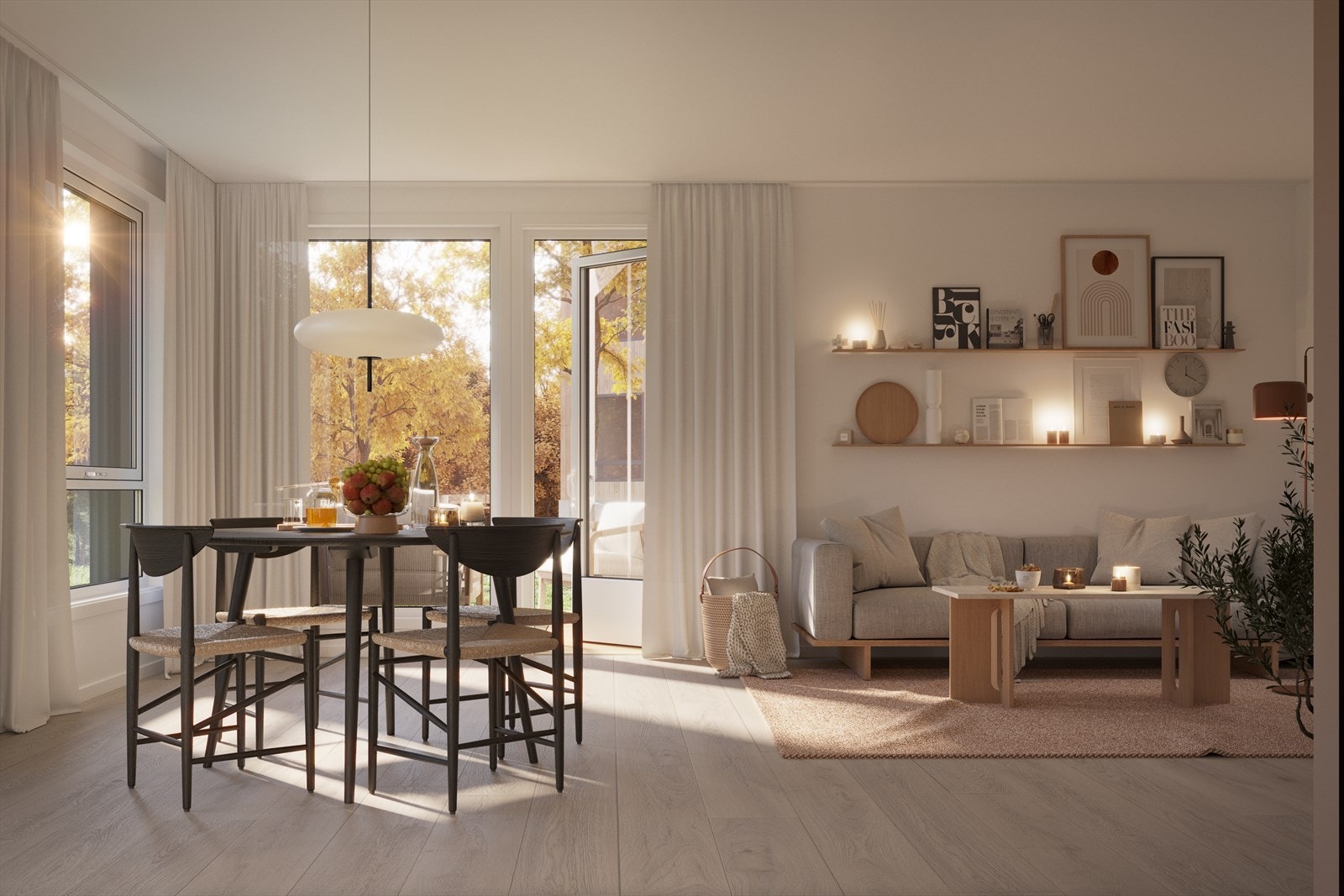 Fin stue med utgang til stor markterrasse. Vannbåren gulvvarme installeres i entré/gang og stue for å sikre en behagelig temperatur året rundt Galleribilde