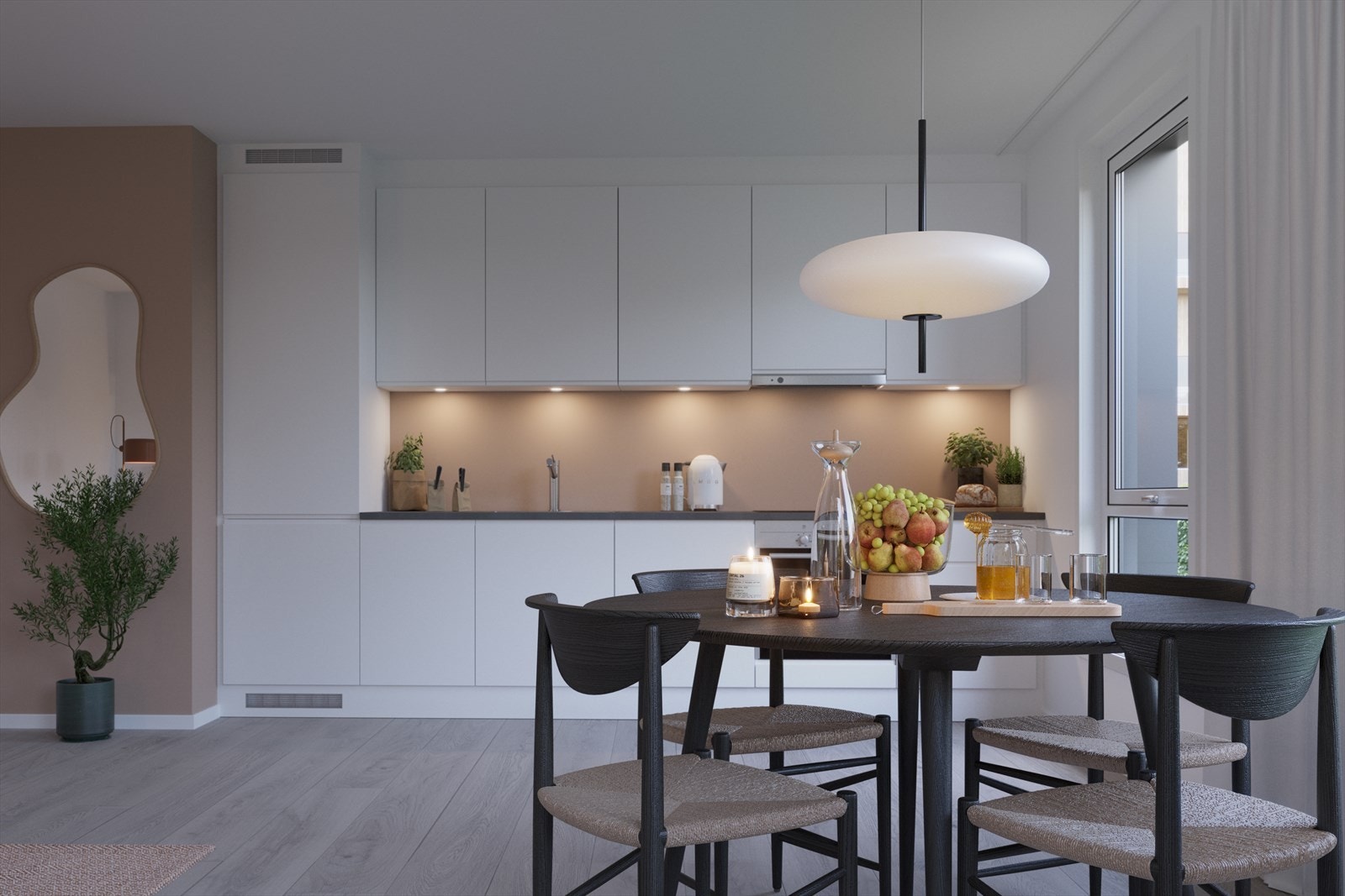 Tidløs kjøkkeninnredning fra Sigdal med innfreste håndtak, integrerte hvitevarer og mørk benkeplate (illustrasjon) Galleribilde