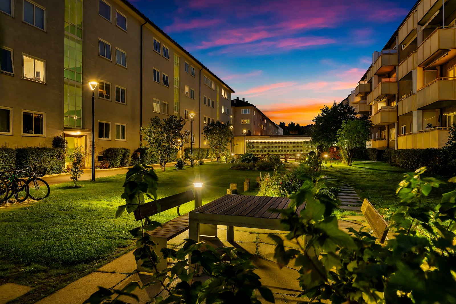 Grønn og frodig bakgård som fungerer som din egen park rett utenfor dørstokken. Galleribilde