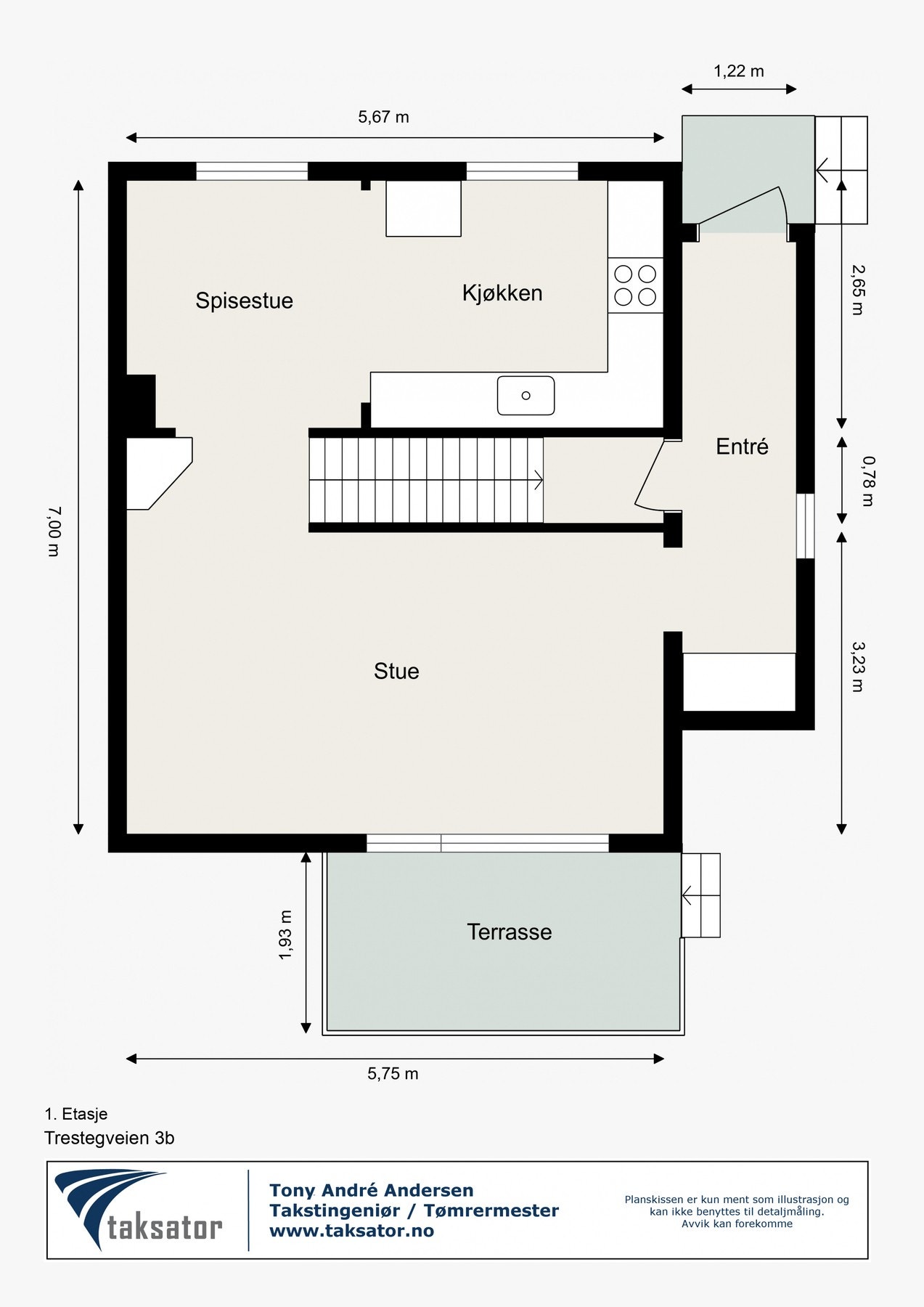 Boligen går over 3 plan - Plantegning 1. etasje Galleribilde
