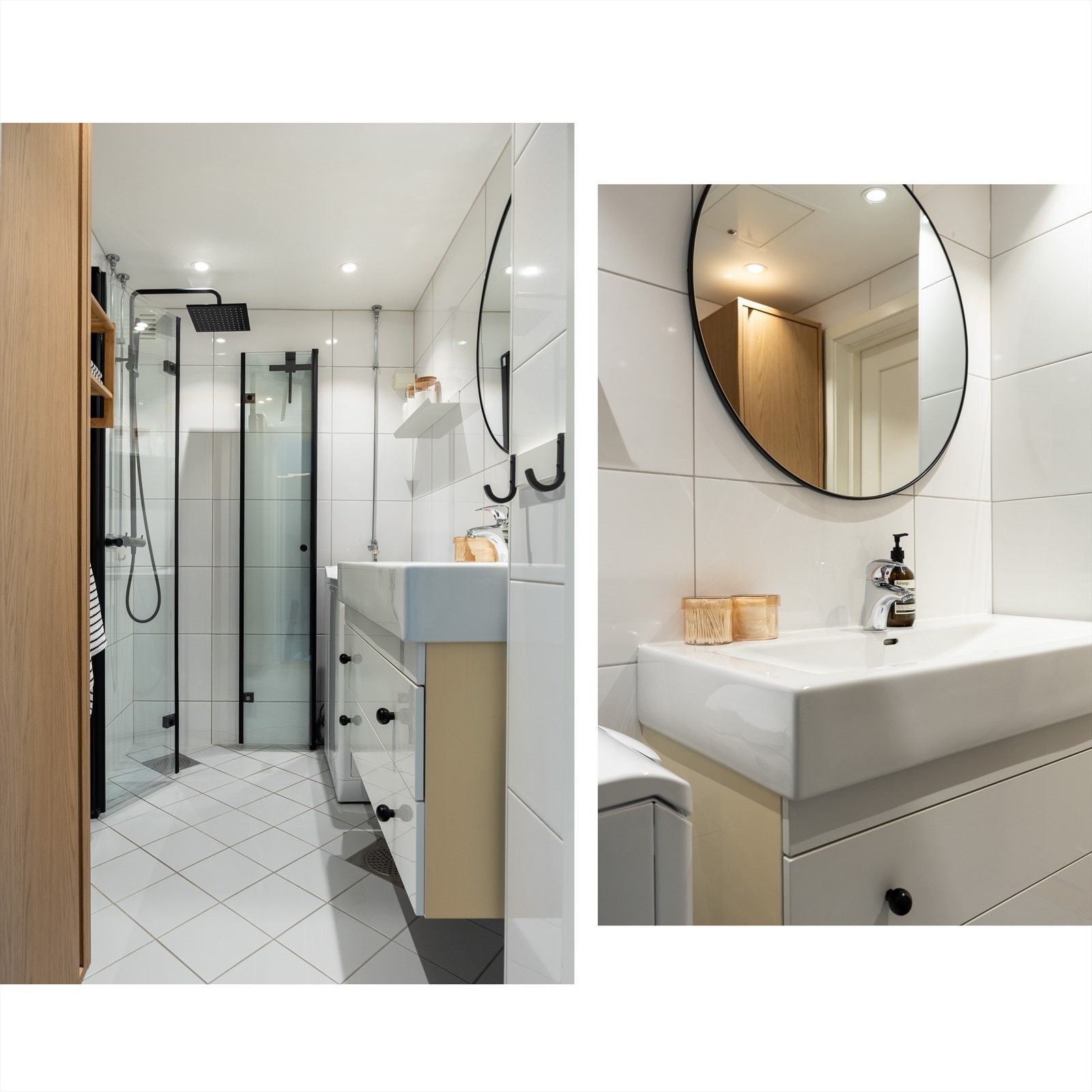 Baderommet er utstyrt med servant med innredning, veggskap, speil over servant, dusj med innfellbare dører og opplegg for vaskemaskin Galleribilde