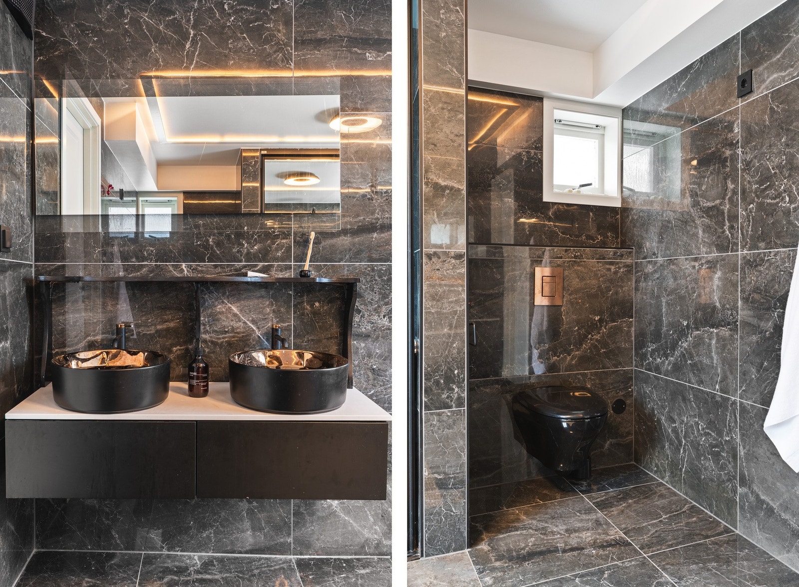 Badet har dusj med glassvegg, vegghengt toalett, baderomsinnredning og opplegg for vaskemaskin. Det er også tilrettelagt for badekar. Galleribilde