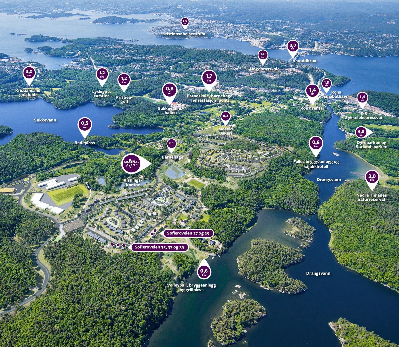 Drangsvann med markering av tomtene/avstander Galleribilde