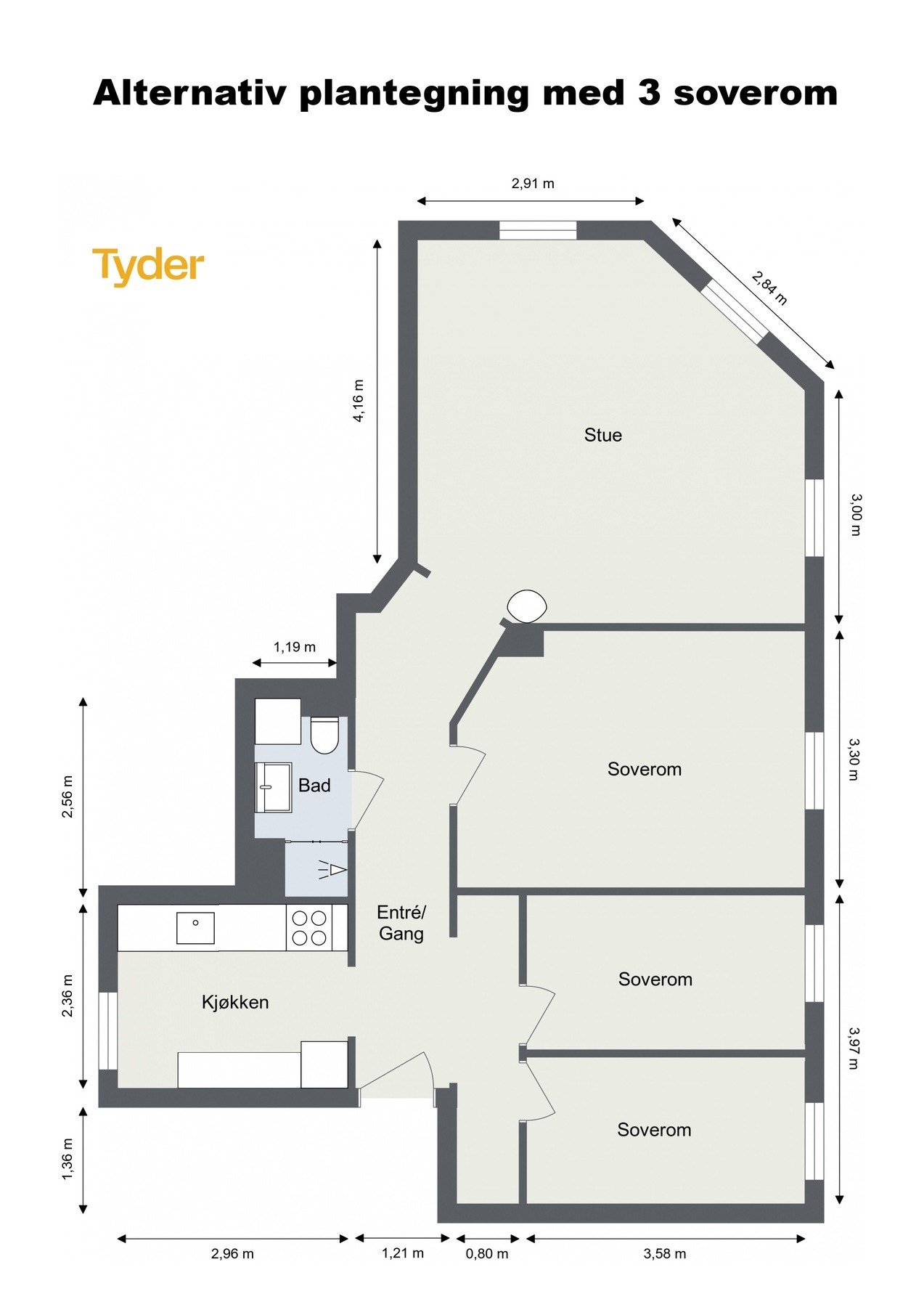 Alternativ plantegning med 3 soverom Galleribilde