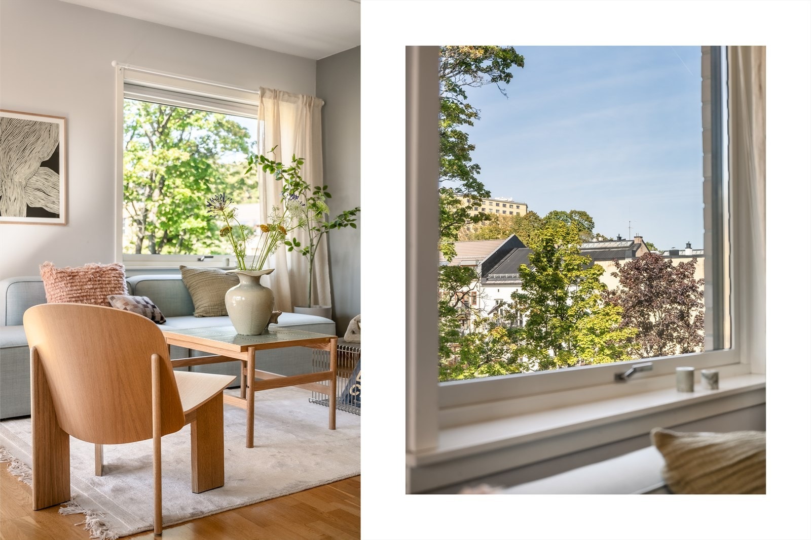 Et lekkert utsyn fra stuen, hvor vinduet fungerer som en levende billedramme. Grønne omgivelser gir ro midt i det urbane. Galleribilde