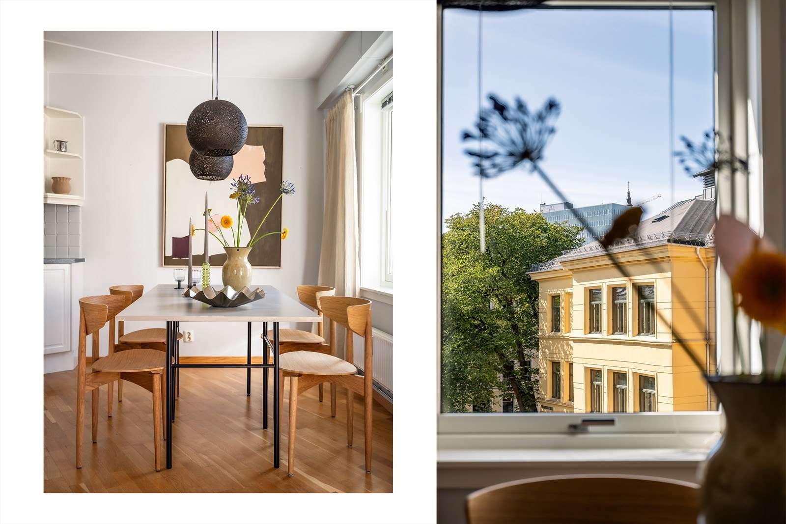 Den gjennomgående planløsningen gjør at kjøkken og spisestue flyter naturlig sammen. En praktisk løsning som gir en åpen og sosial atmosfære. Galleribilde