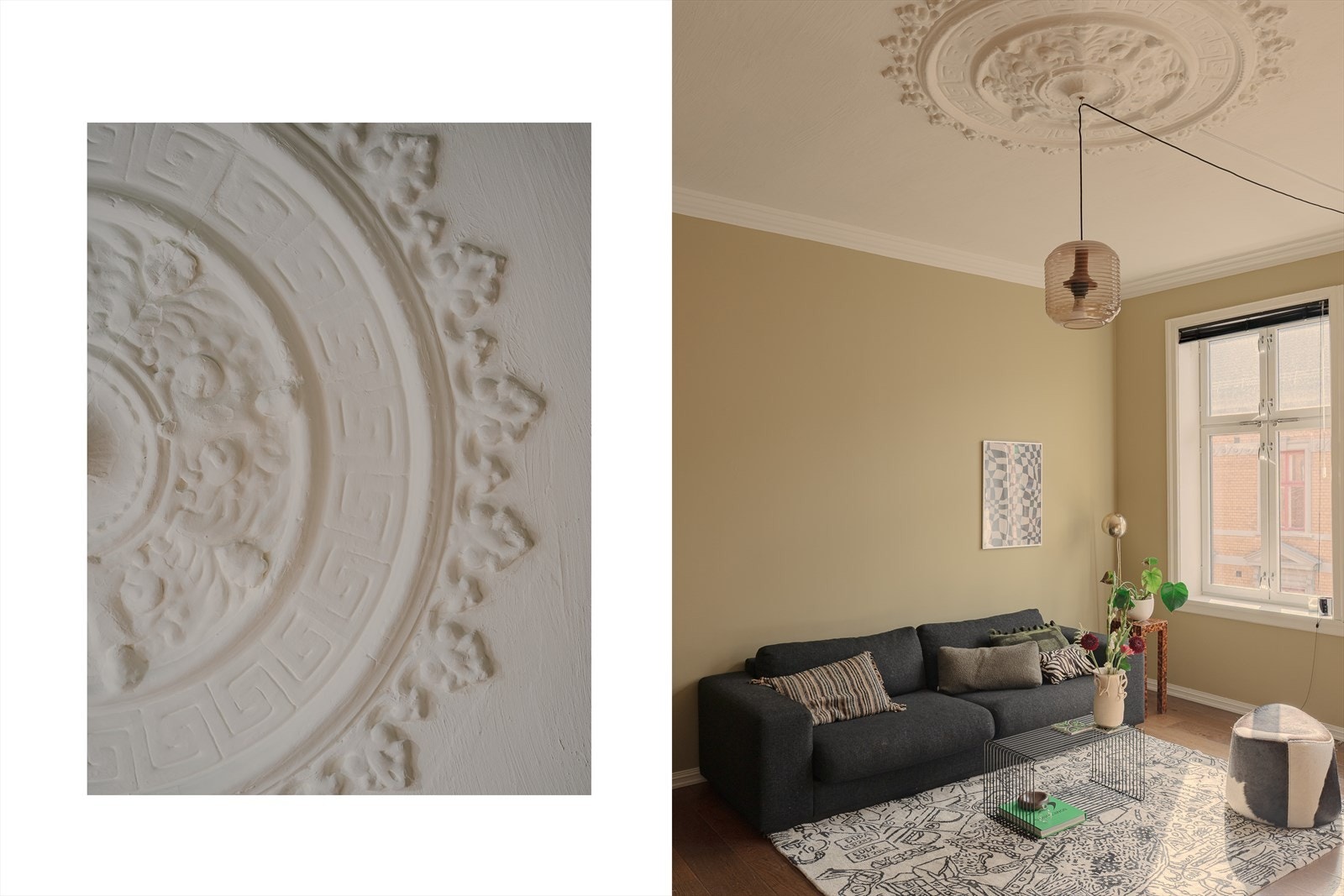 De originale stukaturene i taket setter prikken over i-en og gir rommet et elegant preg. Slike detaljer er med på å bevare sjarmen i den klassiske bygårdsleiligheten. Galleribilde