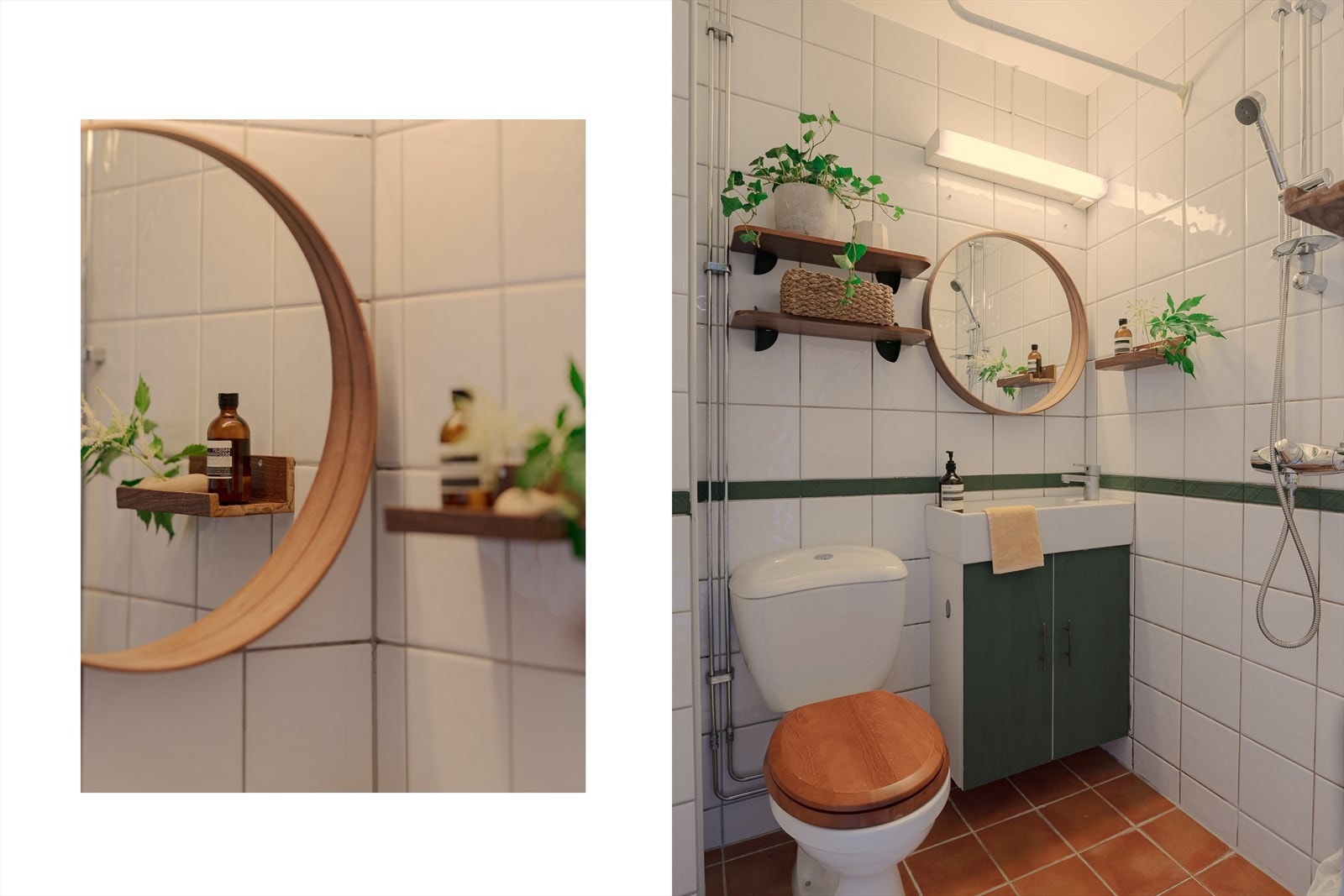 De runde speilene og grønne innslagene gir badet et elegant og frisk preg. Smarte løsninger gjør at rommet føles større enn størrelsen tilsier. Galleribilde