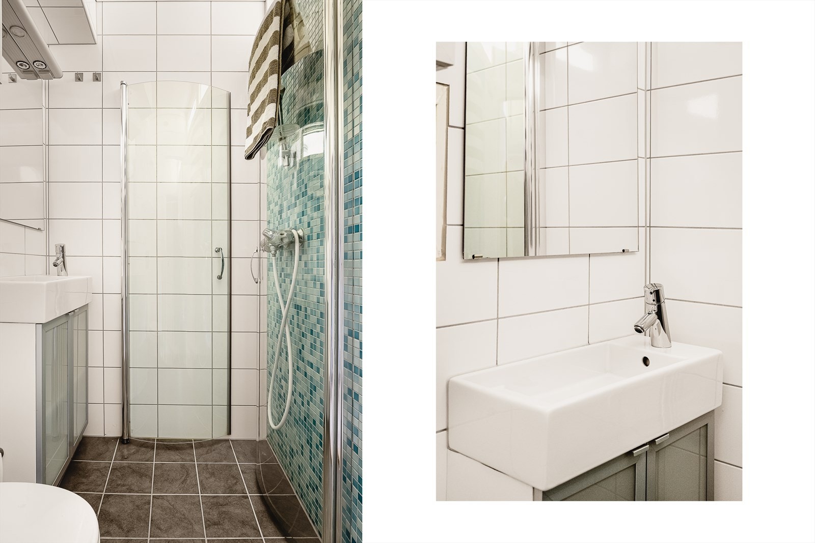 Badet ble modernisert i 2011/2012 i regi av tidligere eier. Dokumentasjon foreligger ikke.
Badet inneholder servant med møblement/speil og belysning, ett overskap, vegghengt toalett, innfelbart dusjhjørne i glass, dusjgarnityr og rør i rør skap. Galleribilde