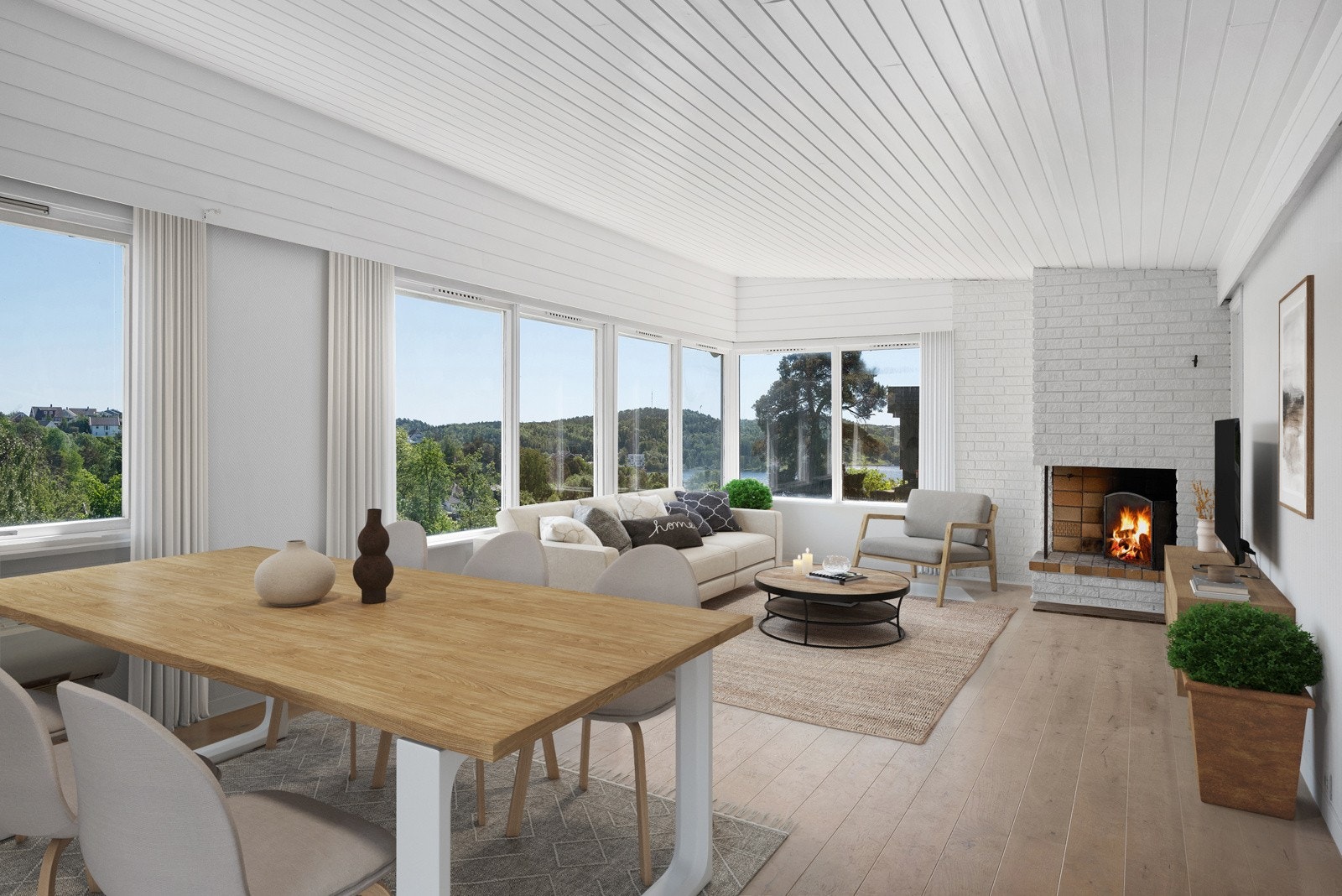 Lys og romslig stue med gode flater gir flere og gode møbleringsmuligheter. Store gode vindusflater med fin utsikt! (Bildet er digitalt møblert) Galleribilde