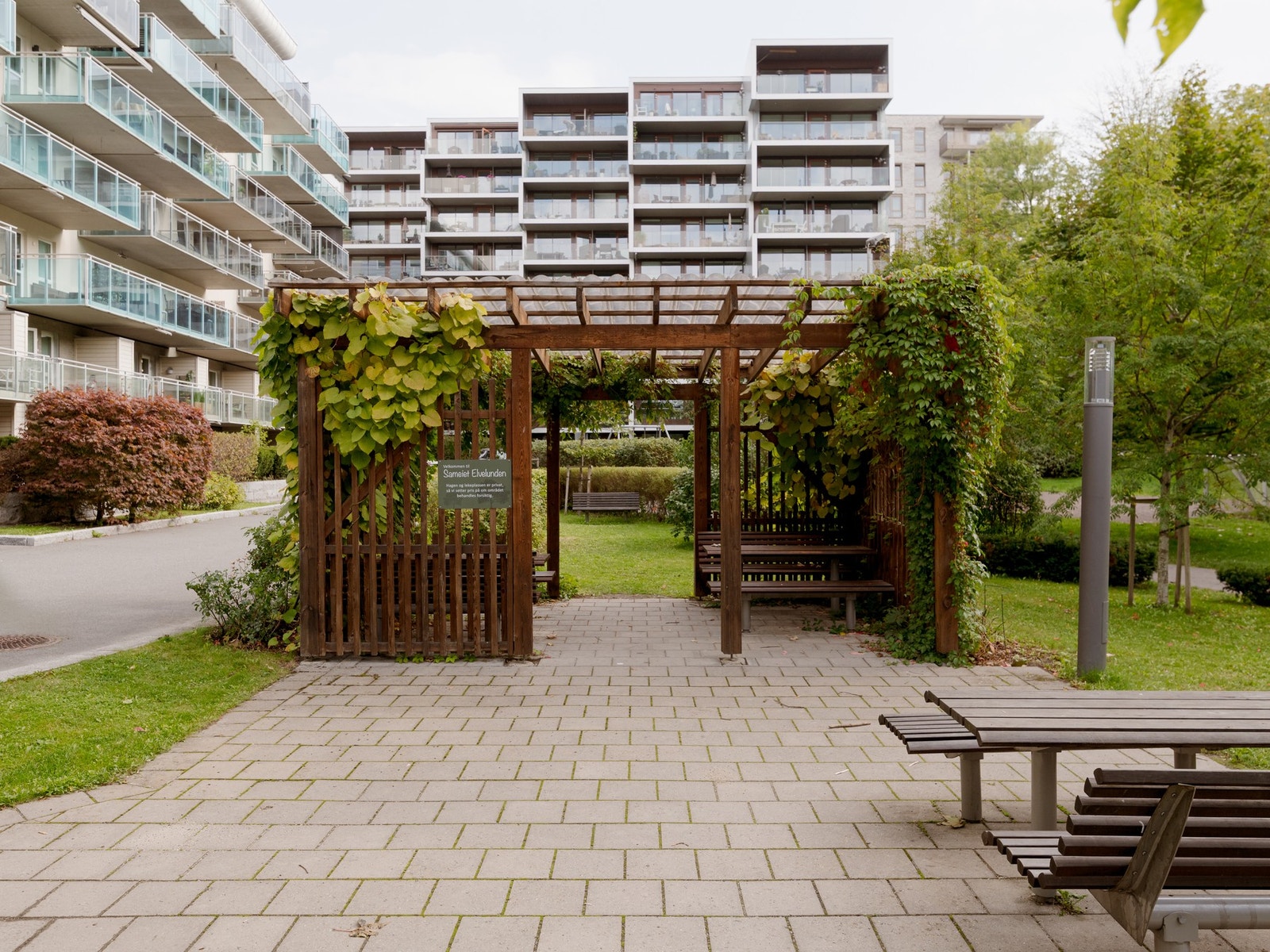 Felles, grønt uteområde med sittegrupper og frodig beplantning - en rolig oase midt i byen. Galleribilde