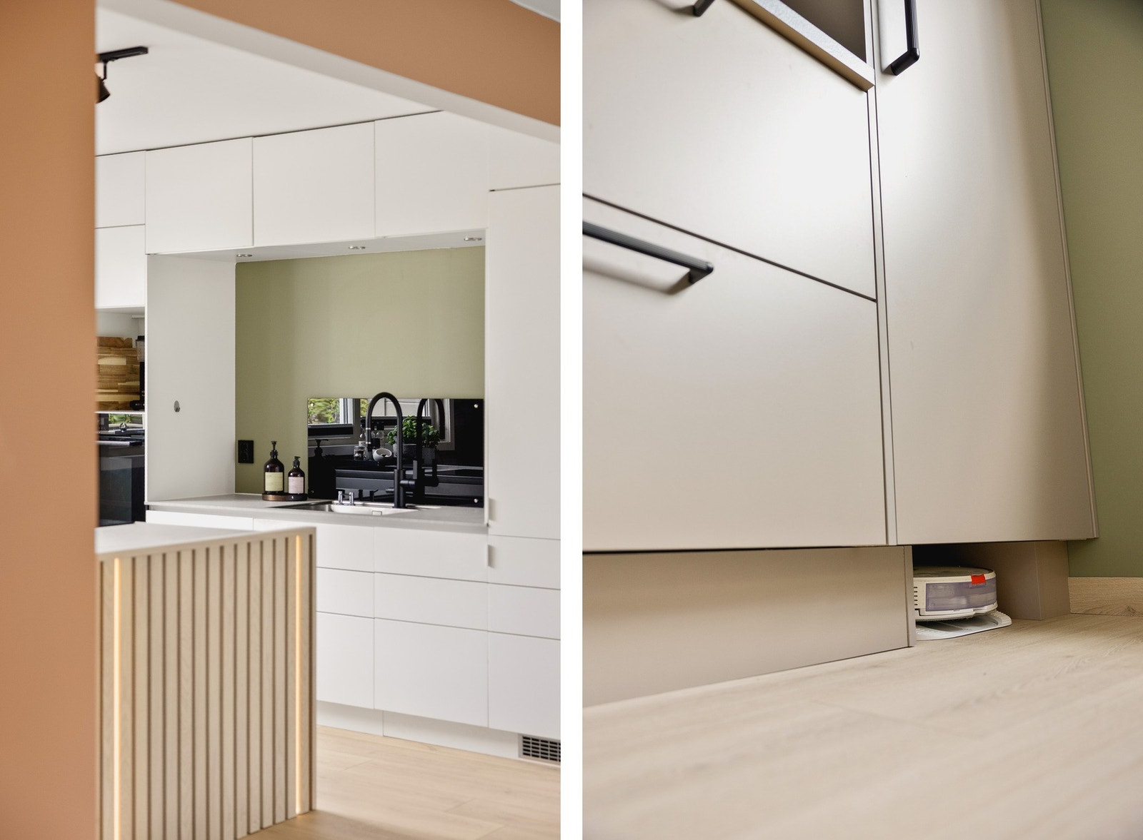 Kjøkkenet har svært gode løsninger og kvaliteter, blant annet en egen parkeringsplass til robotstøvsugeren i sokkelen! Galleribilde