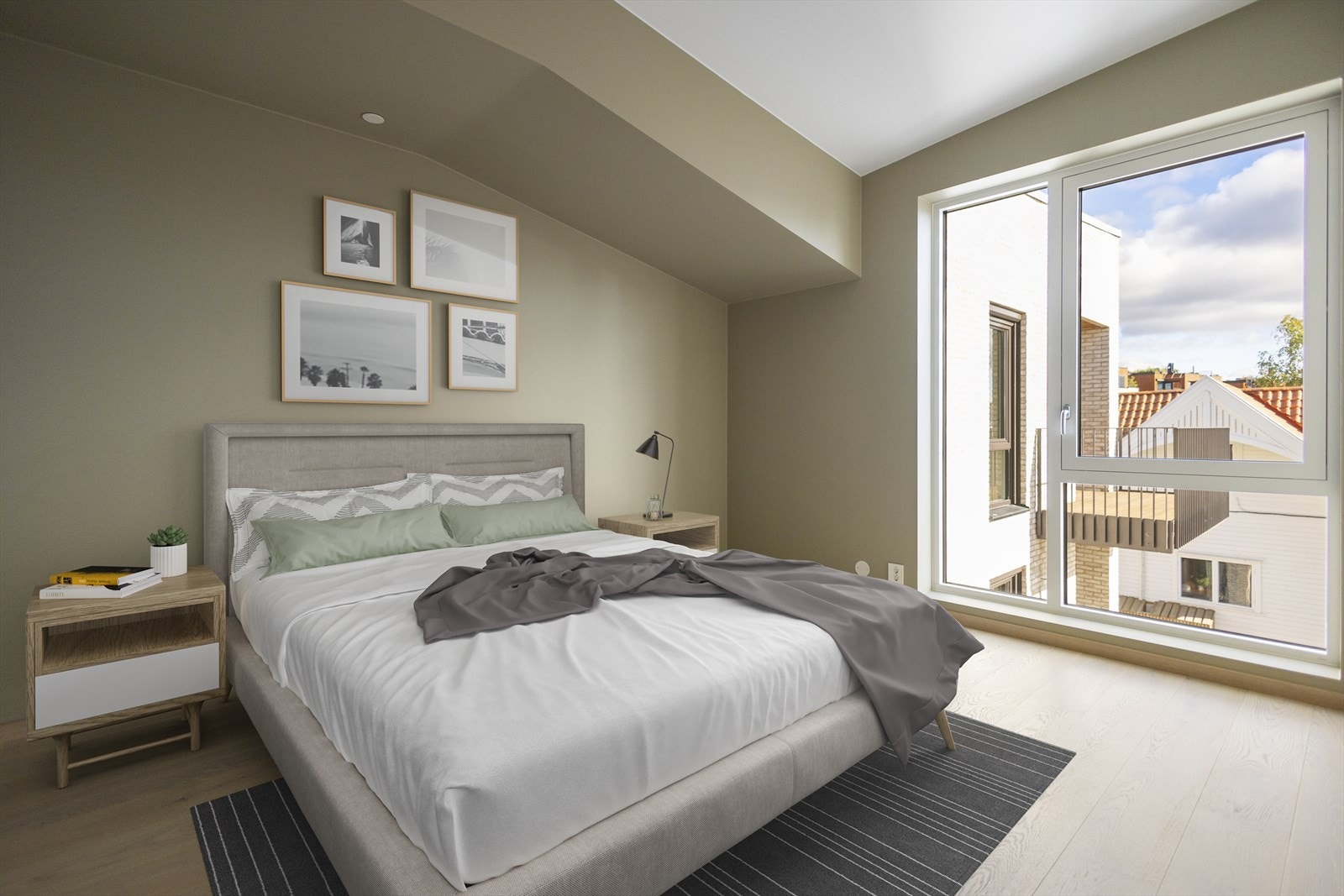 Romslig soverom med plass til både dobbeltseng og garderobeskap - Digital styling Galleribilde