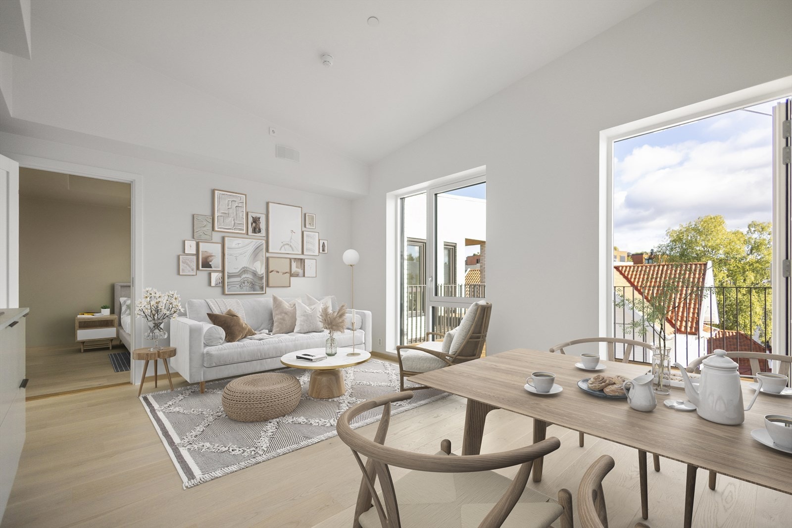 Leiligheten har vannbåren gulvvarme, store vindusflater, balkong på 9 m og en raus takhøyde på opptil 3,3 meter Galleribilde