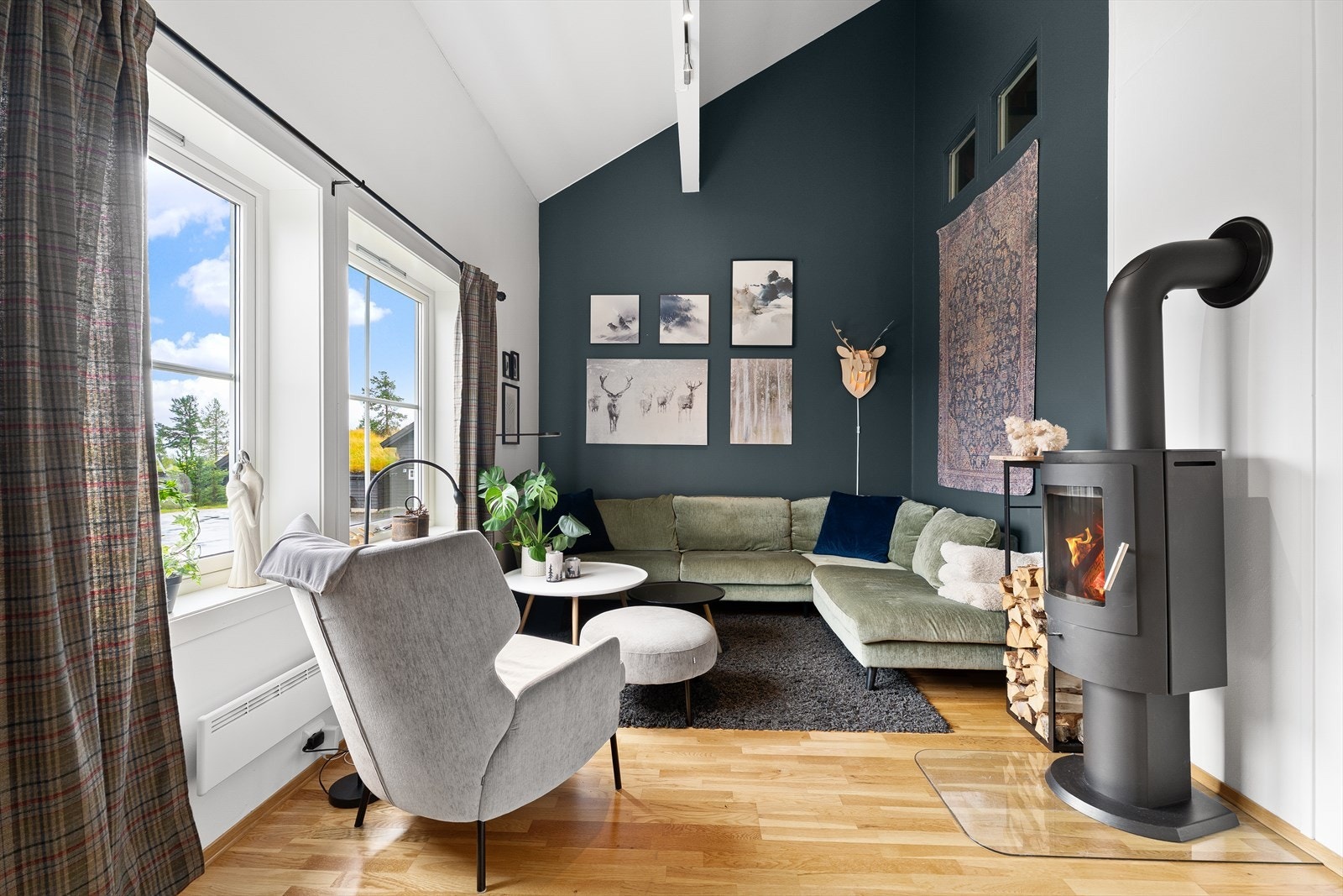 En spennende og flott stue med høy himlingshøyde med lysinnslipp til loftstue Galleribilde