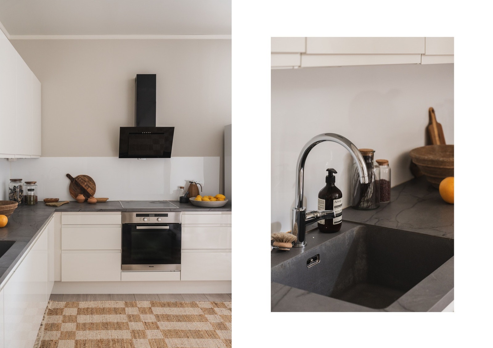 Glassplater mellom benk og overskap forenkler rengjøring. Galleribilde