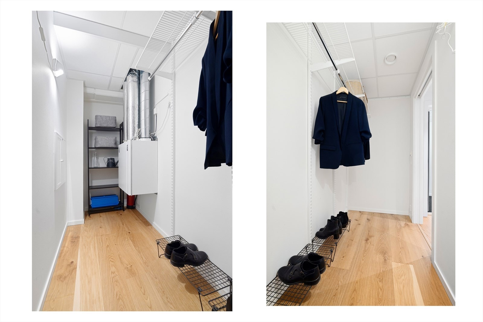 Fra gangen er det direkte adkomst til et omkledningsrom/innvendig bod som sikrer godt med ekstra lagringsplass. Galleribilde