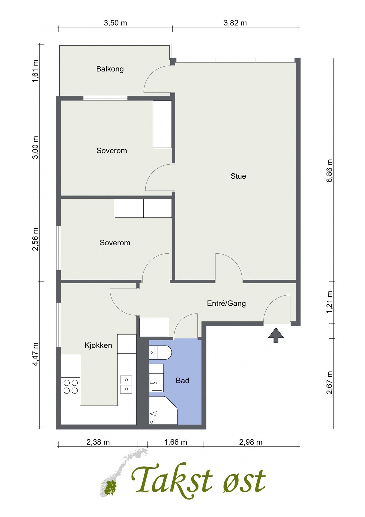 Plantegning av leiligheten. Utover overnevnte areal er det en kjellerbod på 3,8 m2, samt en loftsbod på 5 m2 (BRA-e). Galleribilde
