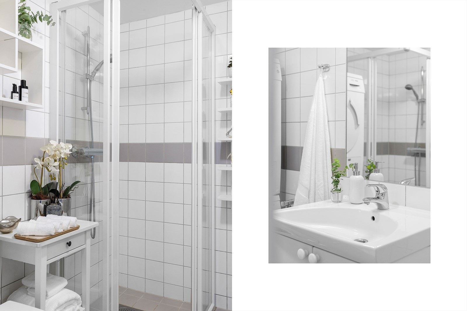 Badet er utstyrt med servant med innredning, toalett, dusjvegger/hjørne og opplegg for vaskemaskin. Galleribilde