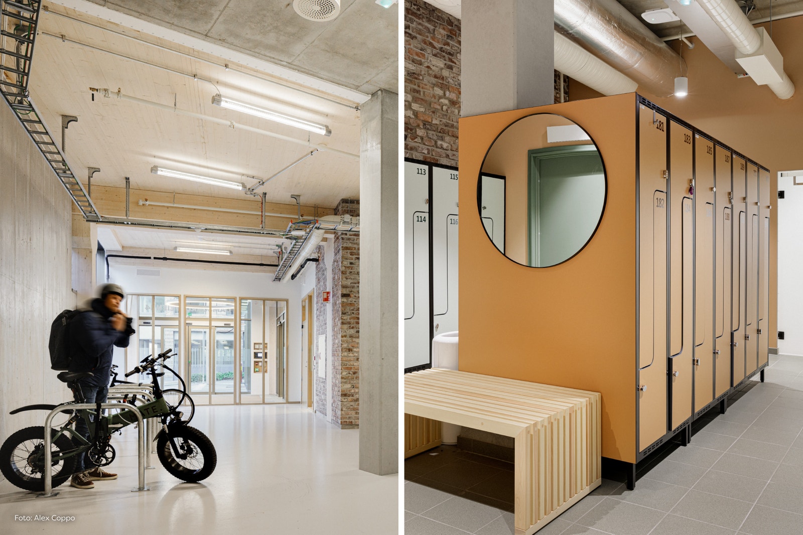 Her er det tilrettelagt for miljøvennlig transport til jobb. Bilder fra sykkelparkering og garderober i bygget. Galleribilde