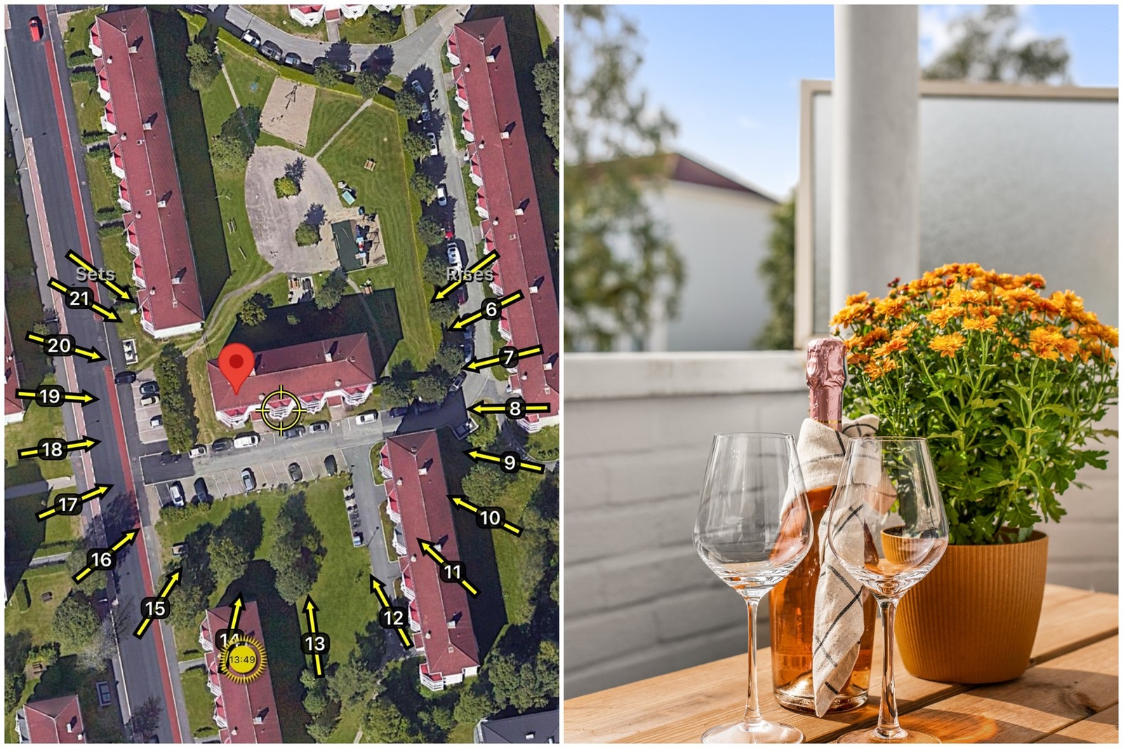 Her er solforholdene gode, og det er fint utsyn over de grønne, velstelte fellesarealene. Galleribilde