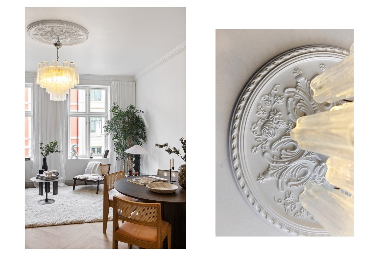 Lekre, klassiske detaljer som stukkatur, rosett og fiskebensgulv. Galleribilde