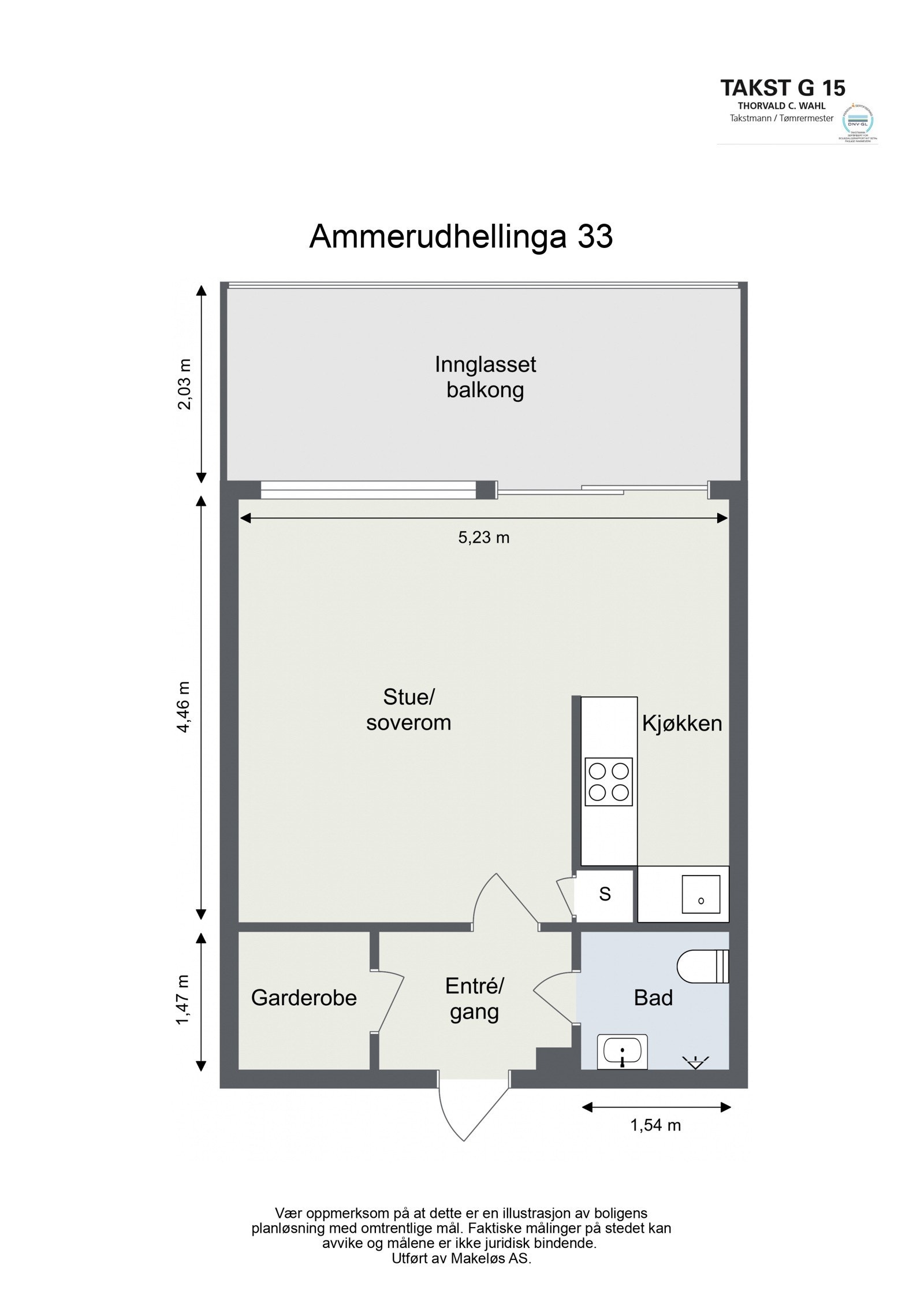 Praktisk planløsning med entré, bad, walk-in/bod, kjøkken, spisestue og stue. 11 kvm balkong. Galleribilde