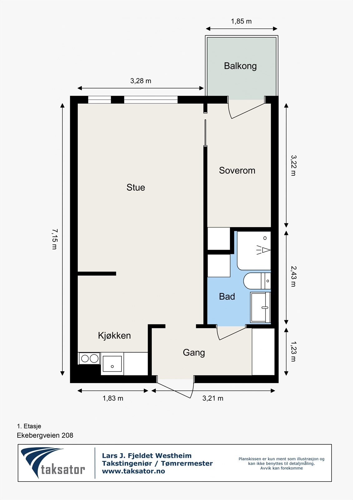 Plantegning fra takstmann. Leiligheten har en gjennomtenkt og godt utnyttet planløsning med entré, stue/kjøkken, soverom og bad. En bod for lagring. Galleribilde