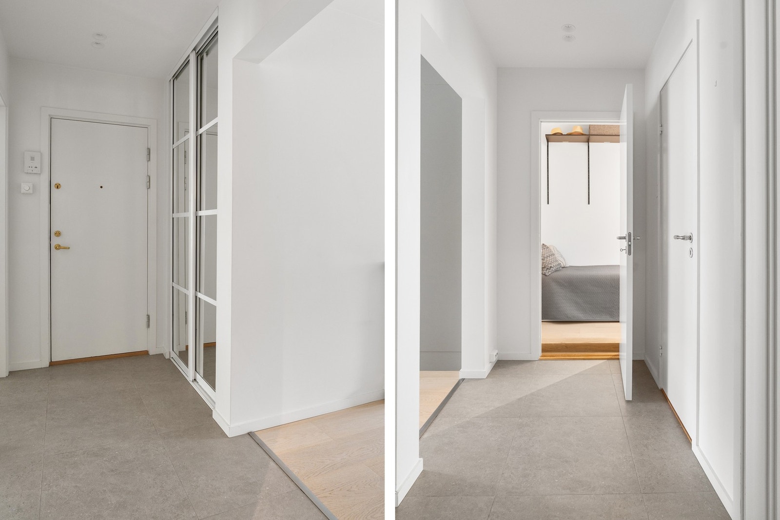 Luftig inngangsparti med god plass til oppheng av yttertøy og sko i skyvedørsgarderobe. Galleribilde