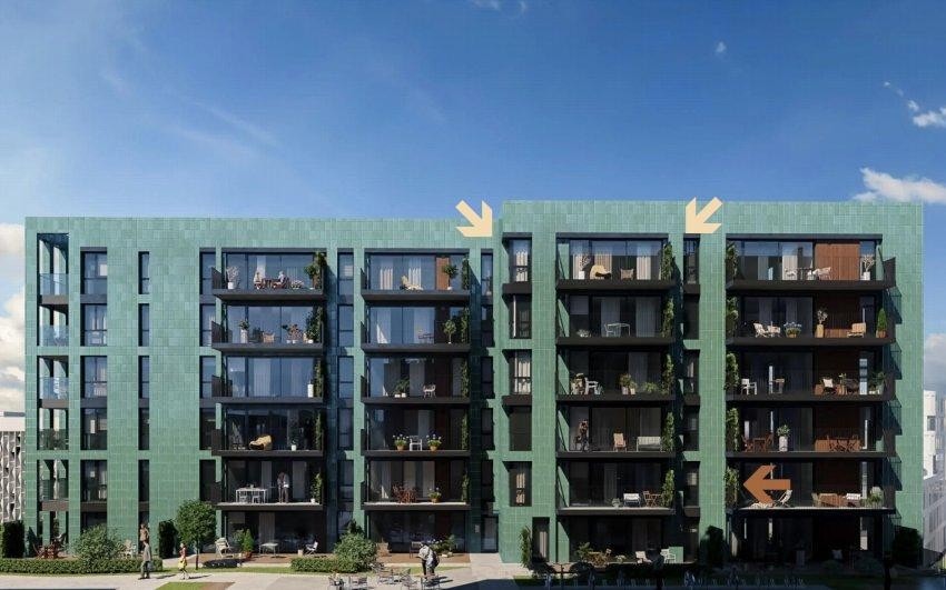 Digital illustrasjon av Jadegården med leilighetens beliggenhet Galleribilde