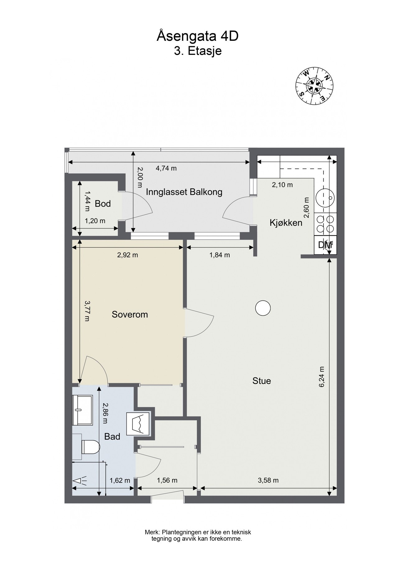 Plantegning. Leiligheten disponerer en loftsbod på 2 kvm. Galleribilde