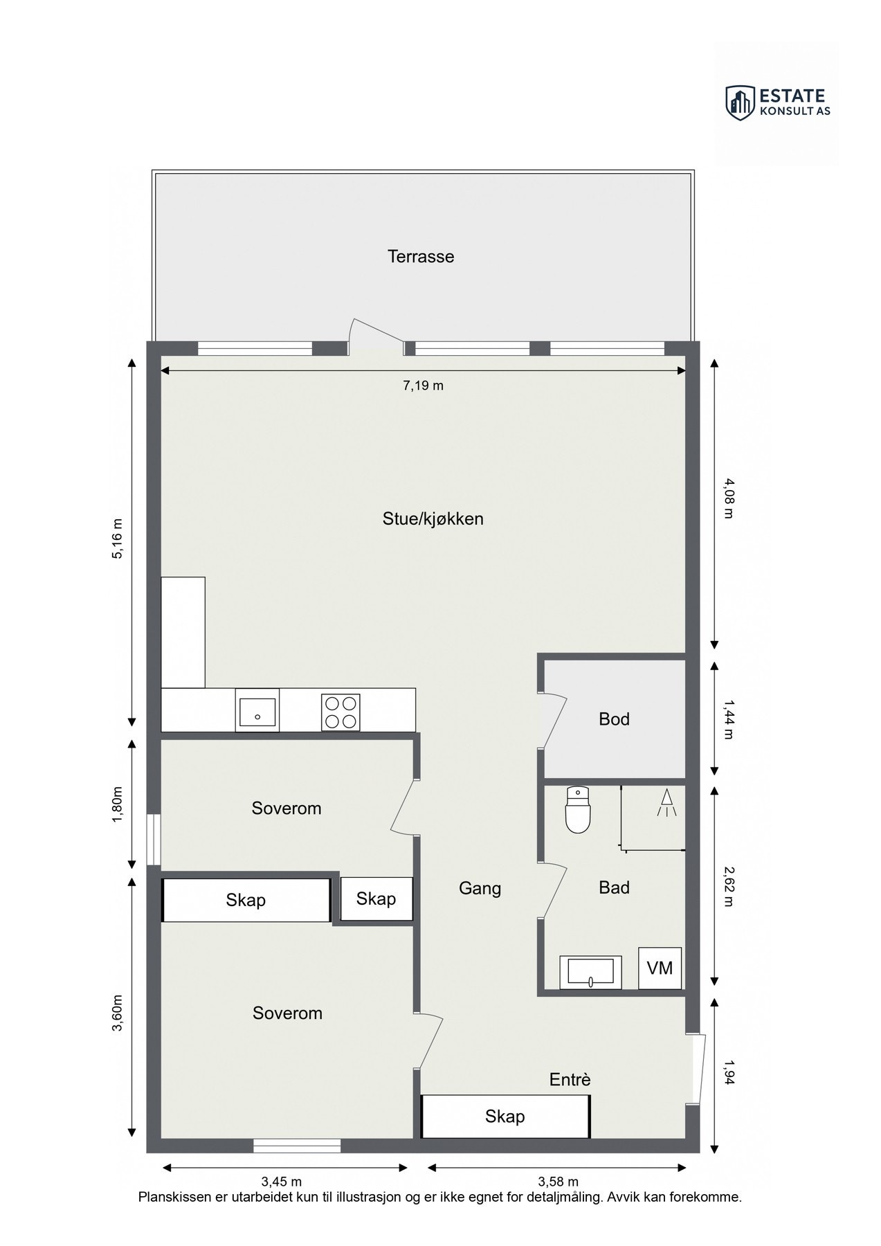 Dagens planløsning. Dersom man setter opp en lettvegg på høyre side av stuen, kan man enkelt etablere et ekstra soverom. Galleribilde