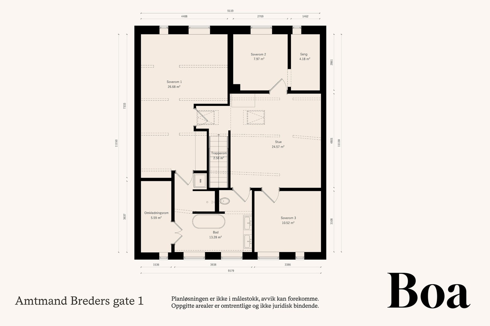 2. etasje: Trappegang, stue, bad/wc, 3 soverom og omkledningsrom. Galleribilde