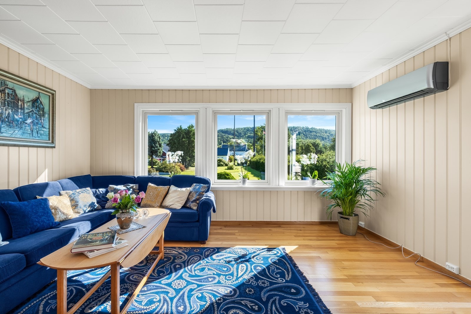 I stuen er det montert en moderne varmepumpe og vinduene slipper inn mye naturlig lys. Galleribilde