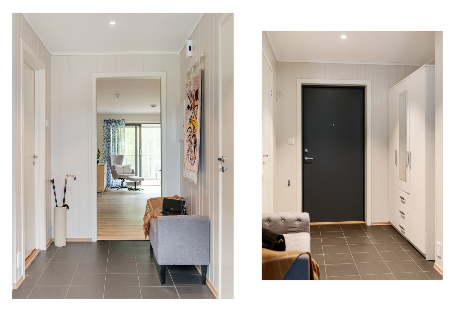 Hyggelig entre med flislagt gulv og garderobeskap for oppbevaring Galleribilde