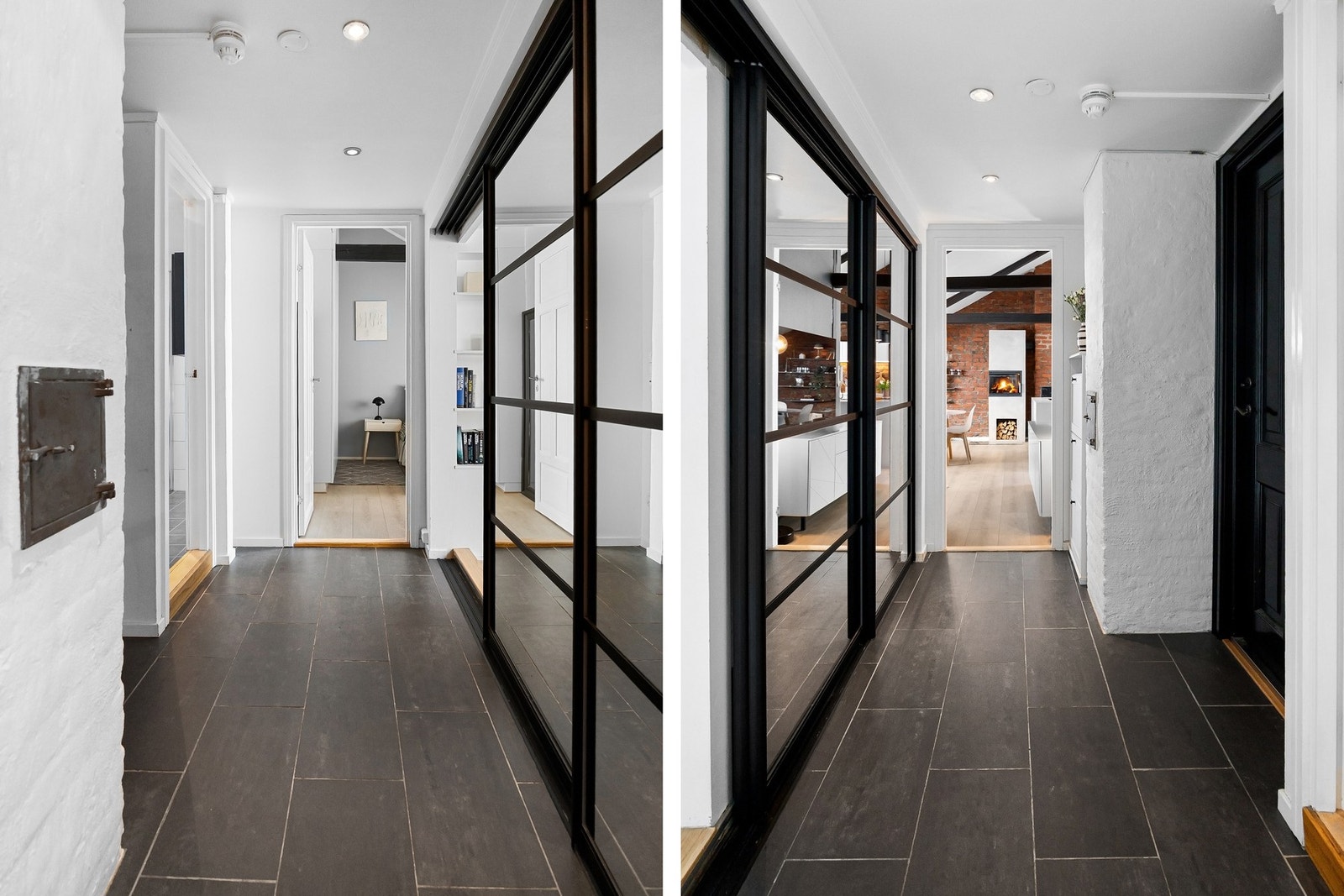 Det første du vil møte er en lys entré med flislagt gulv og varmekabler. Her er det god plass til oppbevaring i et stort garderobeskap med speildører. Galleribilde